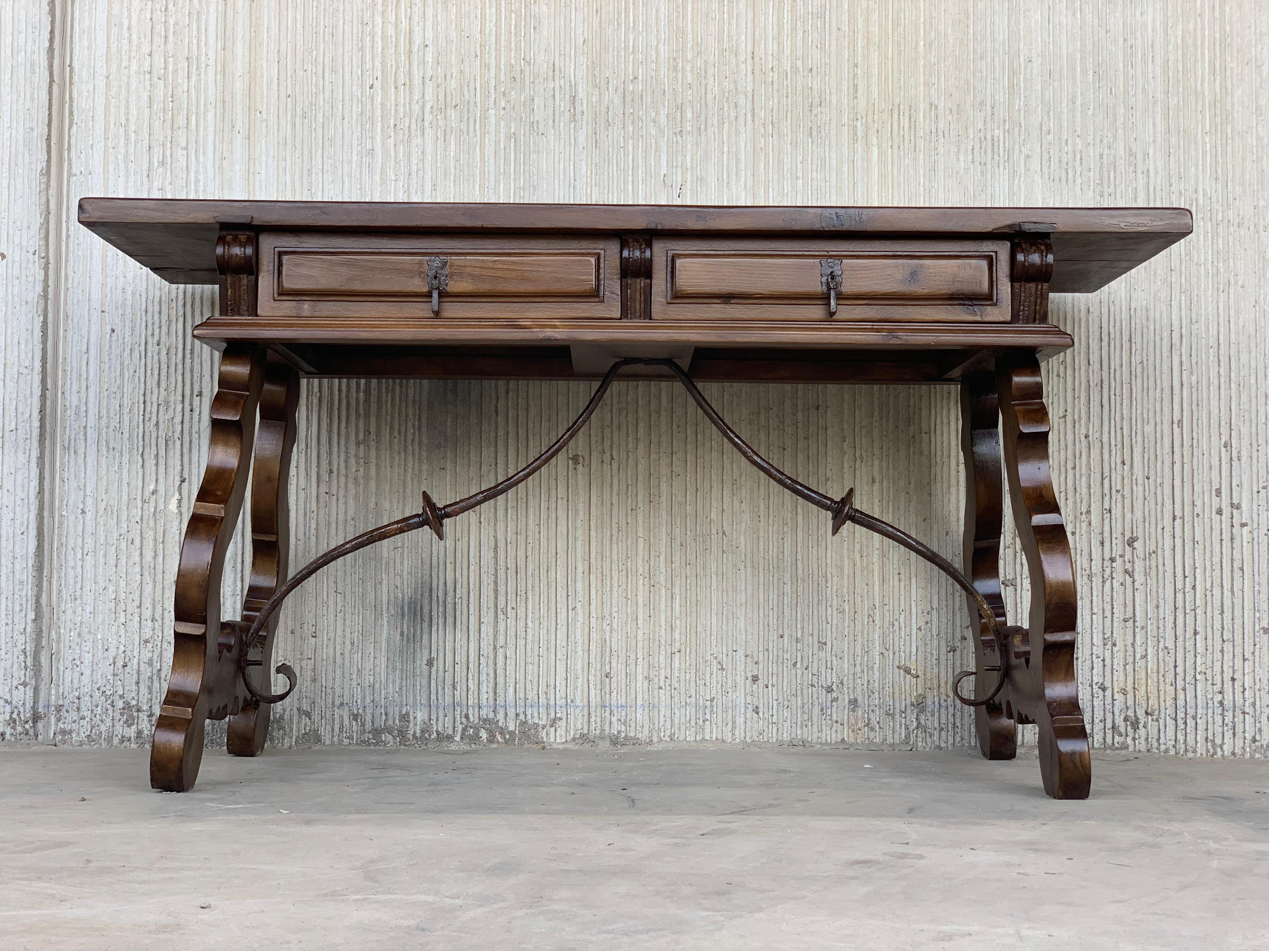 Spanish 18th Century Solid Walnut Baroque Lyre-Leg Trestle Refectory Desk Writing Table