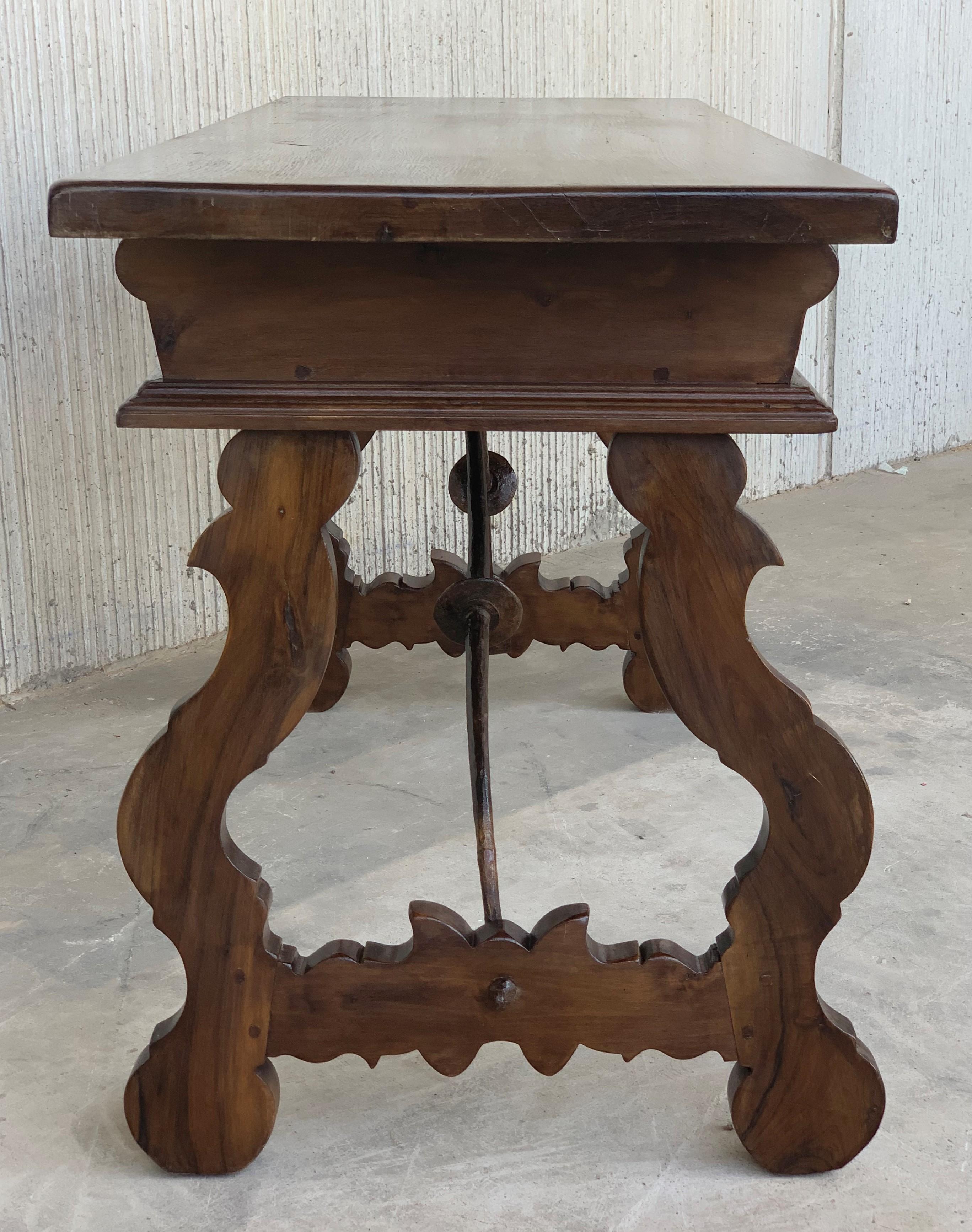 Iron 18th Century Solid Walnut Baroque Lyre-Leg Trestle Refectory Desk Writing Table