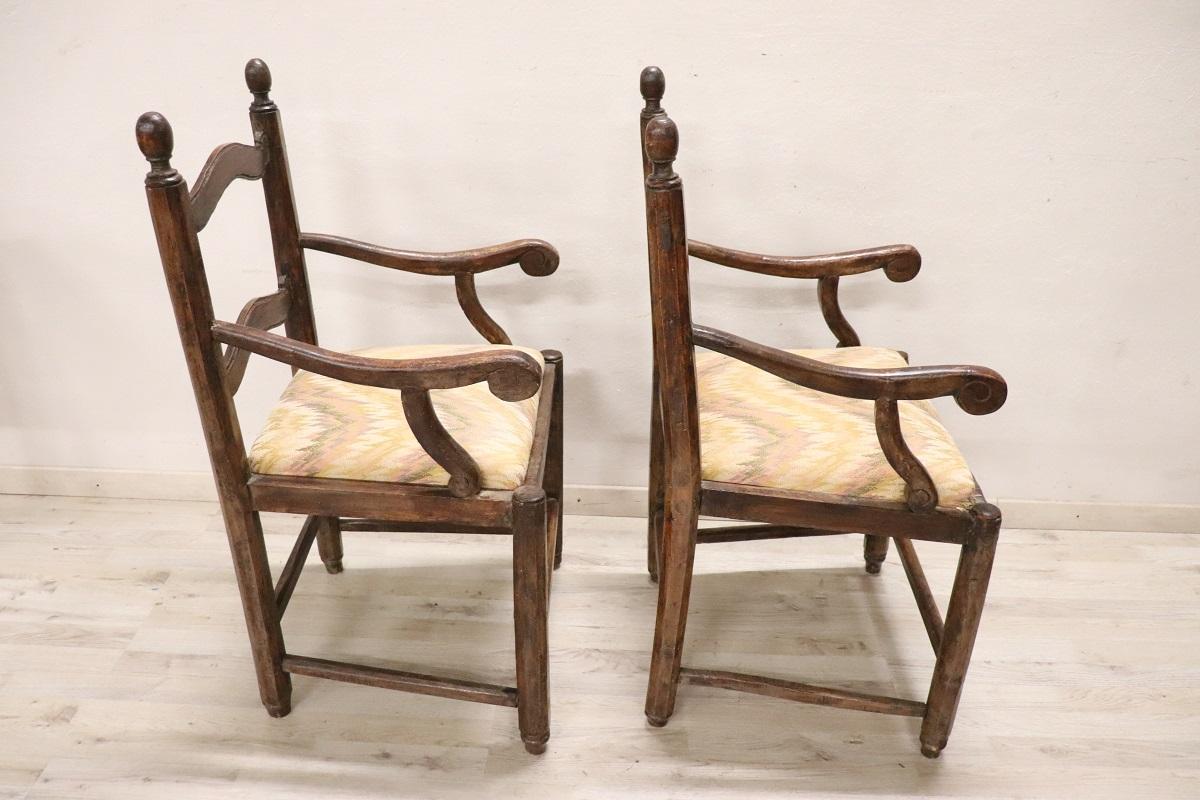 18th Century Solid Walnut Pair of Rustic Armchairs  For Sale 1