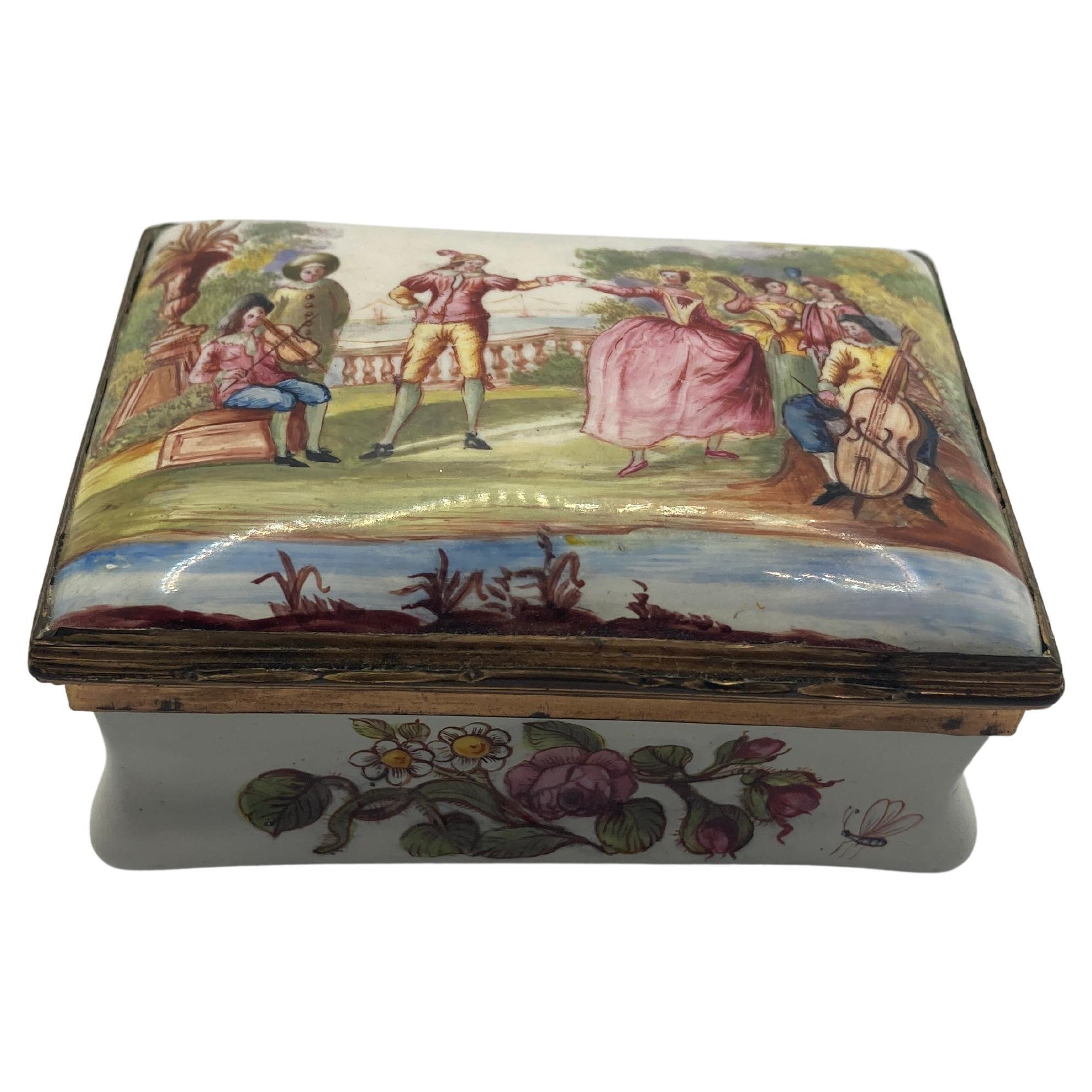 Caja de rapé del siglo XVIII del sur de Staffordshire - 'Músicos en el parque'