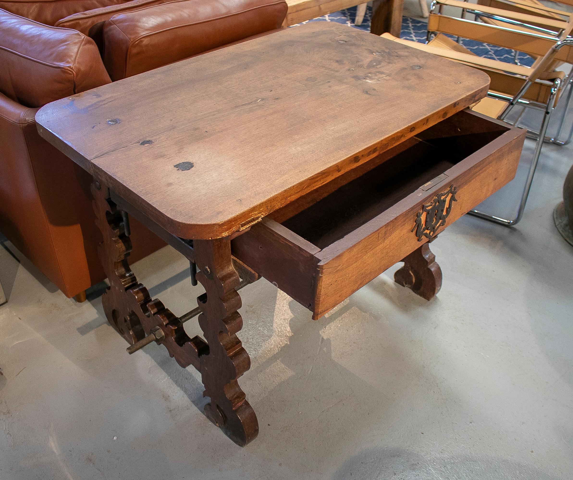 18th Century Spanish 1-Drawer Walnut Console Table w/ Original Iron Hardware For Sale 1