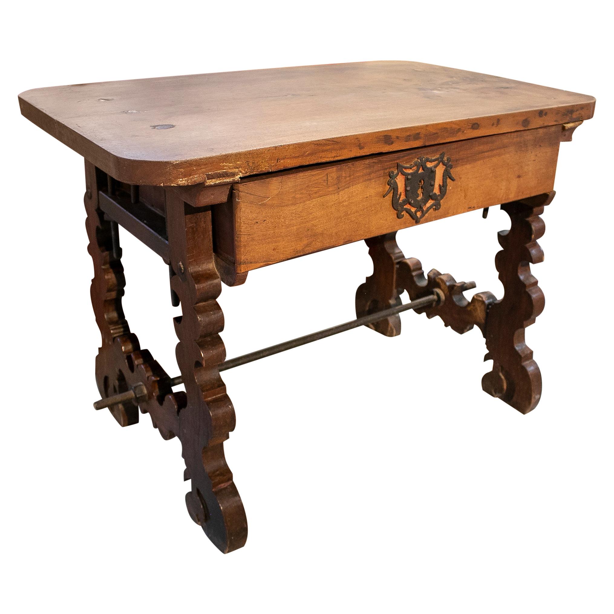 18th Century Spanish 1-Drawer Walnut Console Table w/ Original Iron Hardware For Sale