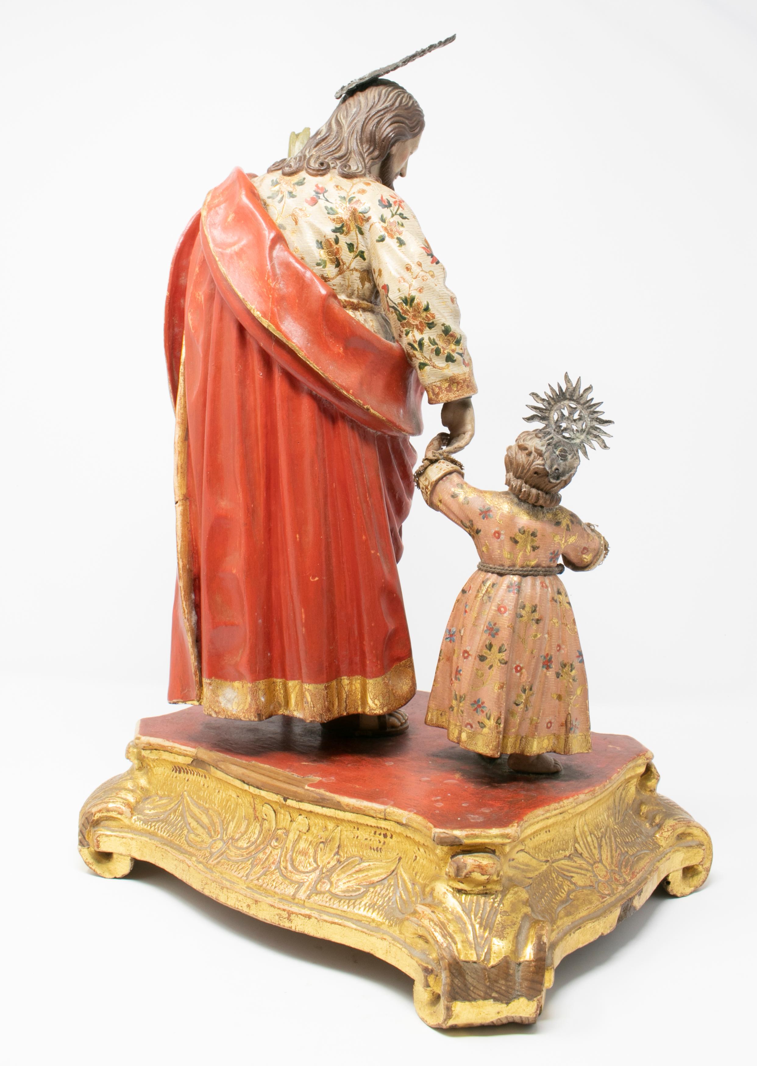 Polychromed 18th Century Spanish Andalusian Giltwood St Joseph with the Infant Sculpture