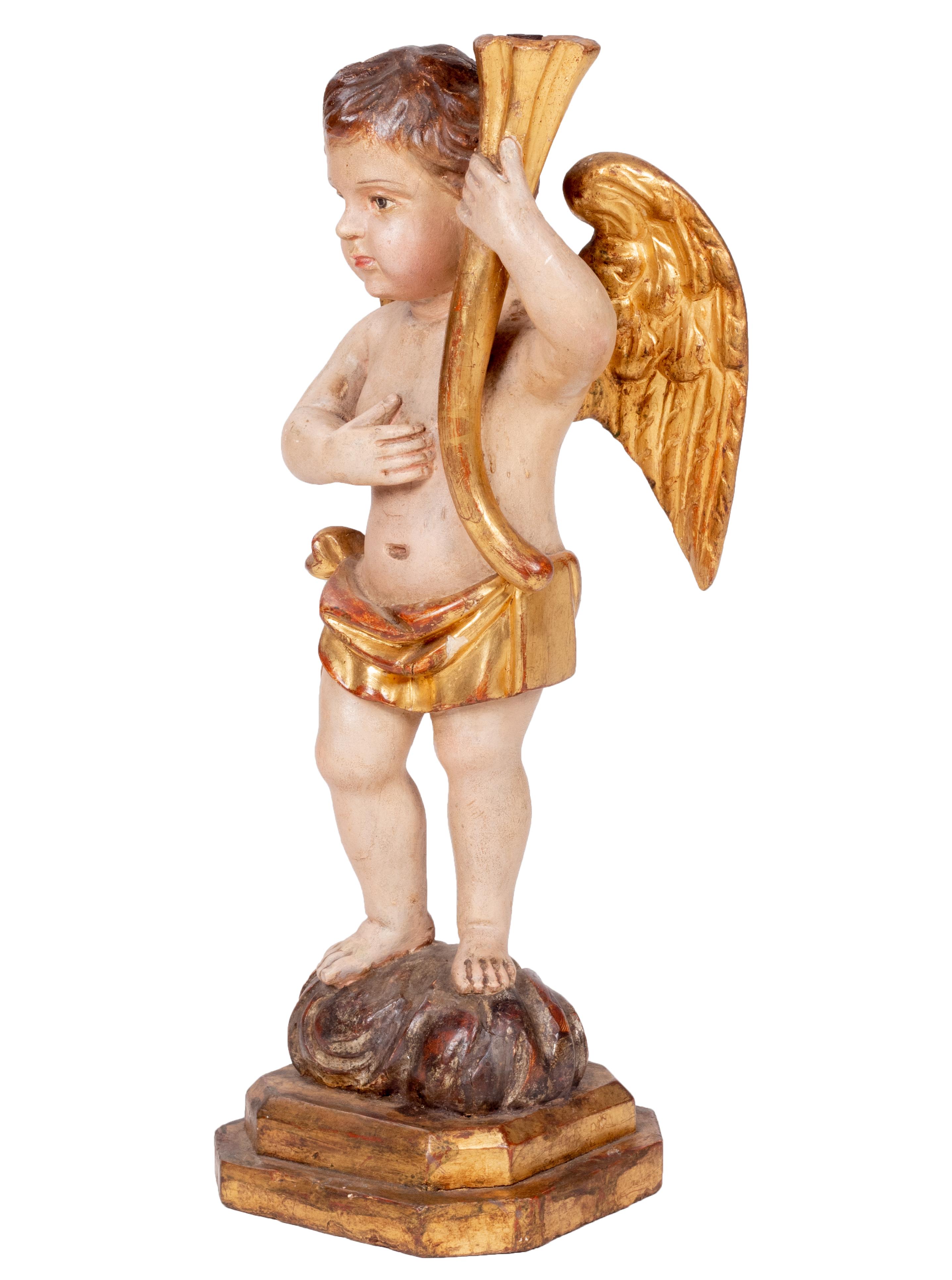 18th century Spanish antique pair of polychrome torchère cherubs.