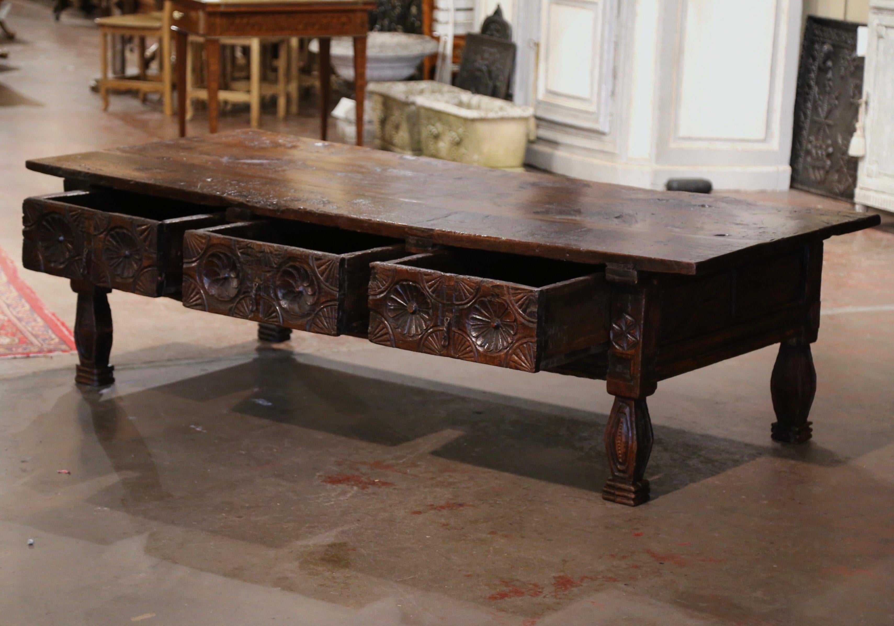 18th Century Spanish Baroque Carved Chestnut Three Drawers Cocktail Coffee Table 6