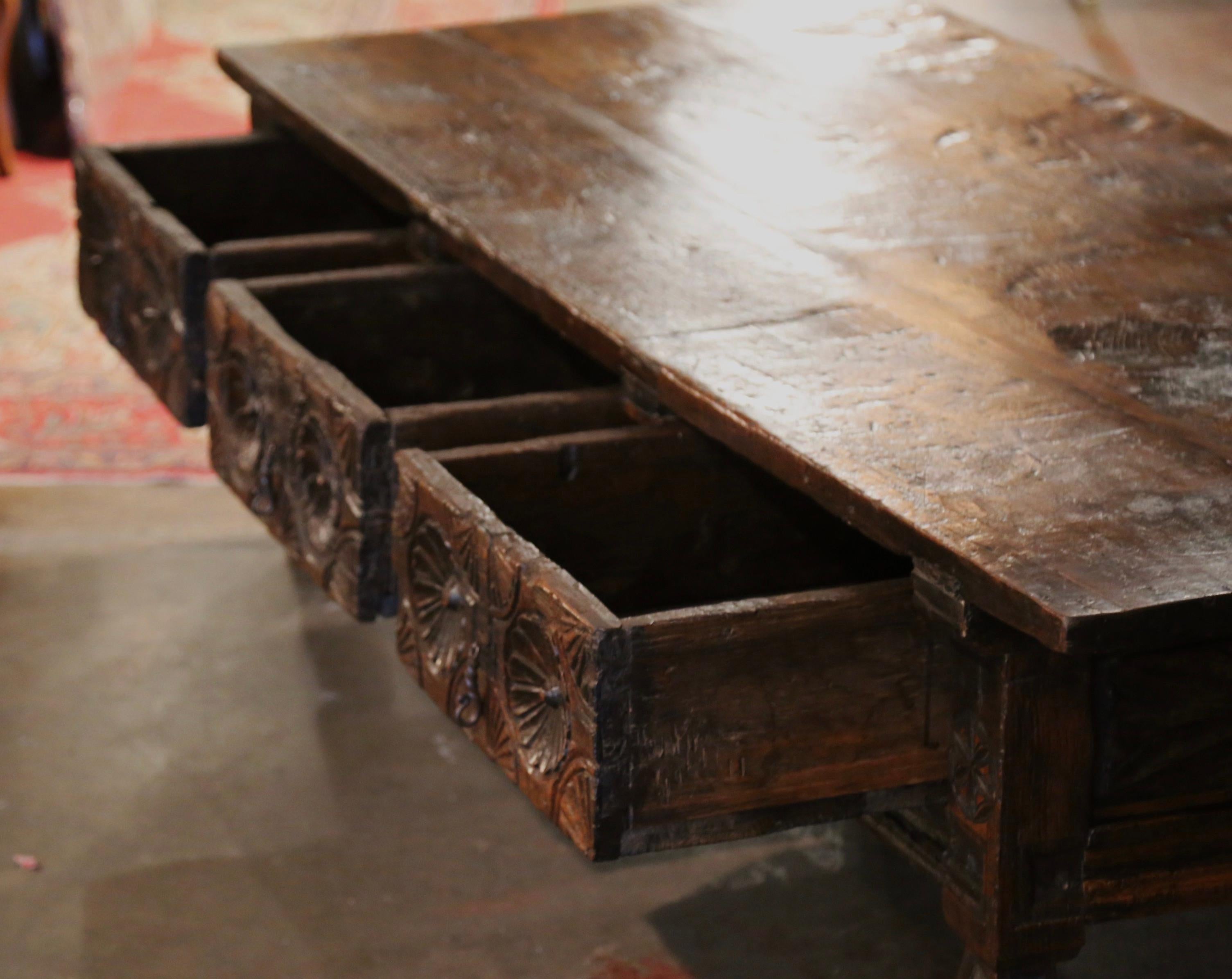 18th Century Spanish Baroque Carved Chestnut Three Drawers Cocktail Coffee Table 9