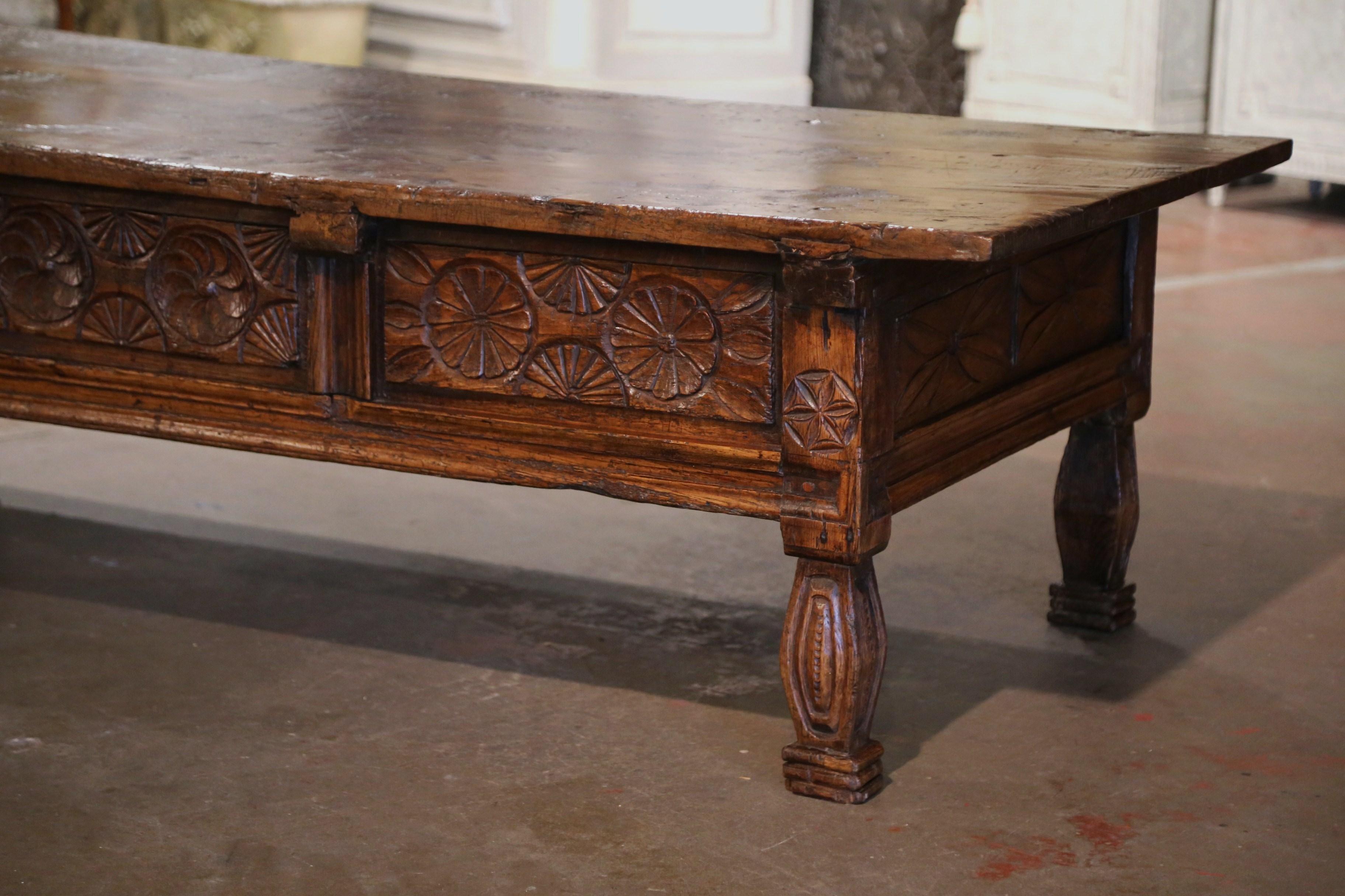 18th Century Spanish Baroque Carved Chestnut Three Drawers Cocktail Coffee Table 12