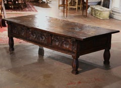 18th Century Spanish Baroque Carved Chestnut Three Drawers Cocktail Coffee Table