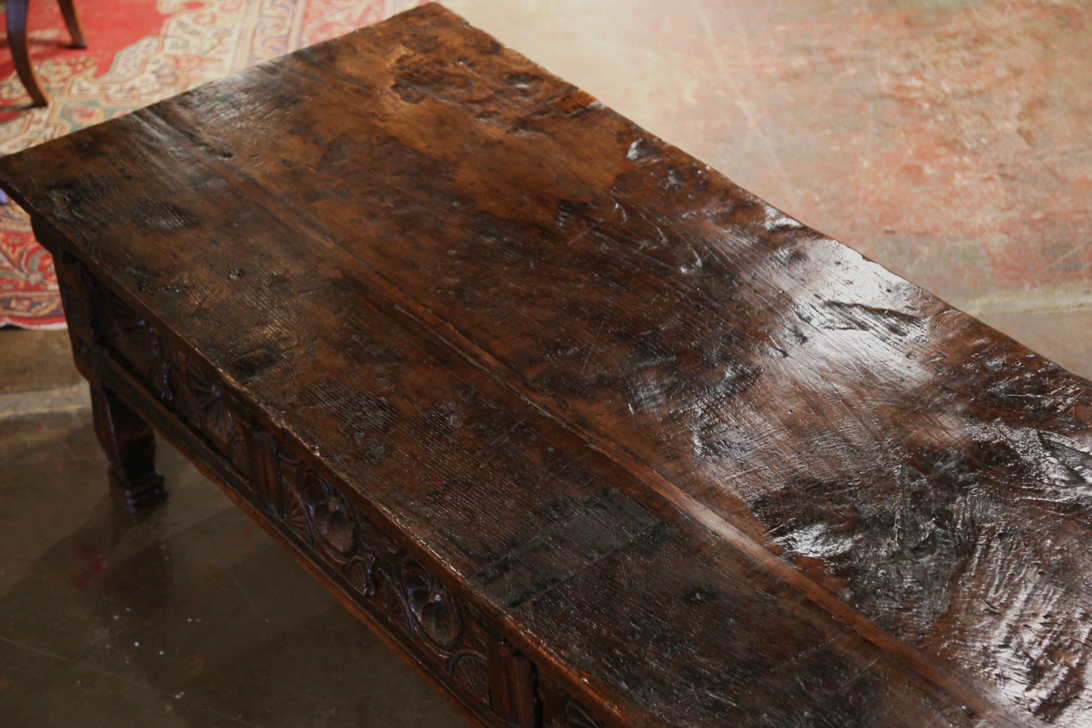 Louis XIII 18th Century Spanish Baroque Carved Chestnut Three Drawers Cocktail Coffee Table