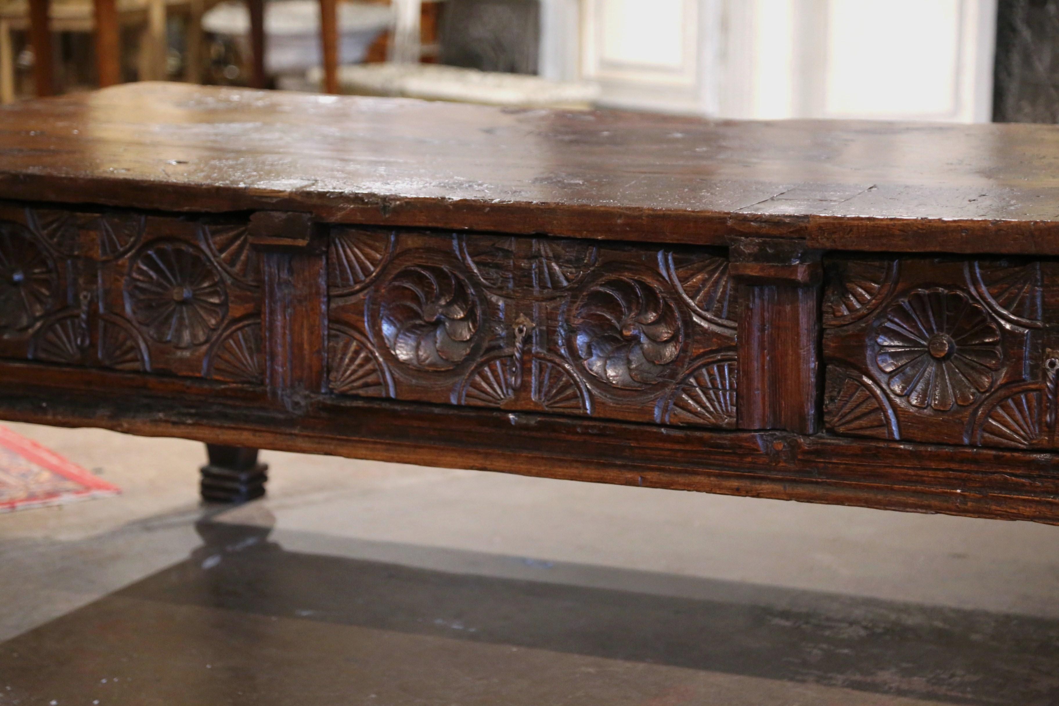 Hand-Carved 18th Century Spanish Baroque Carved Chestnut Three Drawers Cocktail Coffee Table