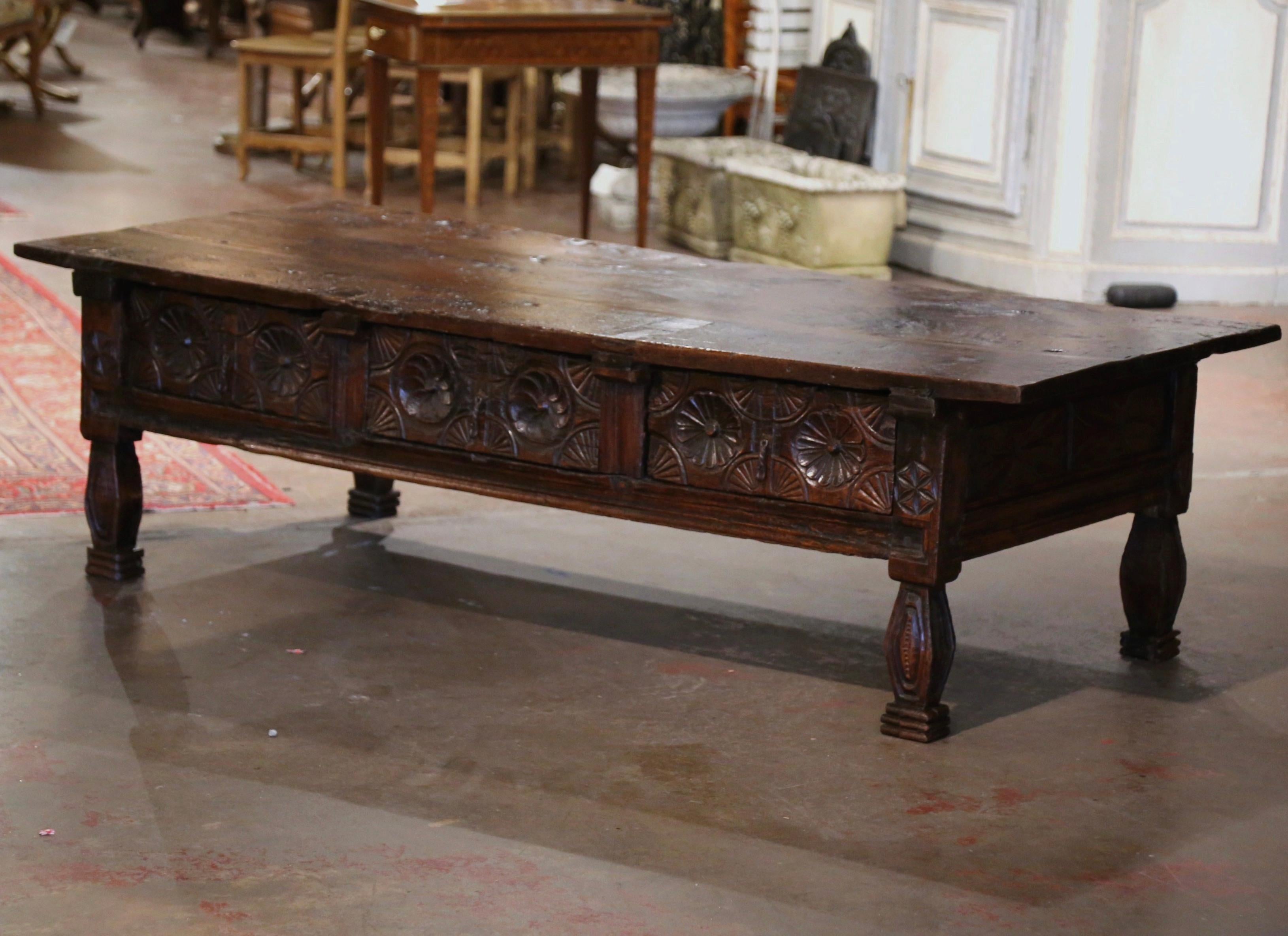 18th Century Spanish Baroque Carved Chestnut Three Drawers Cocktail Coffee Table In Excellent Condition In Dallas, TX