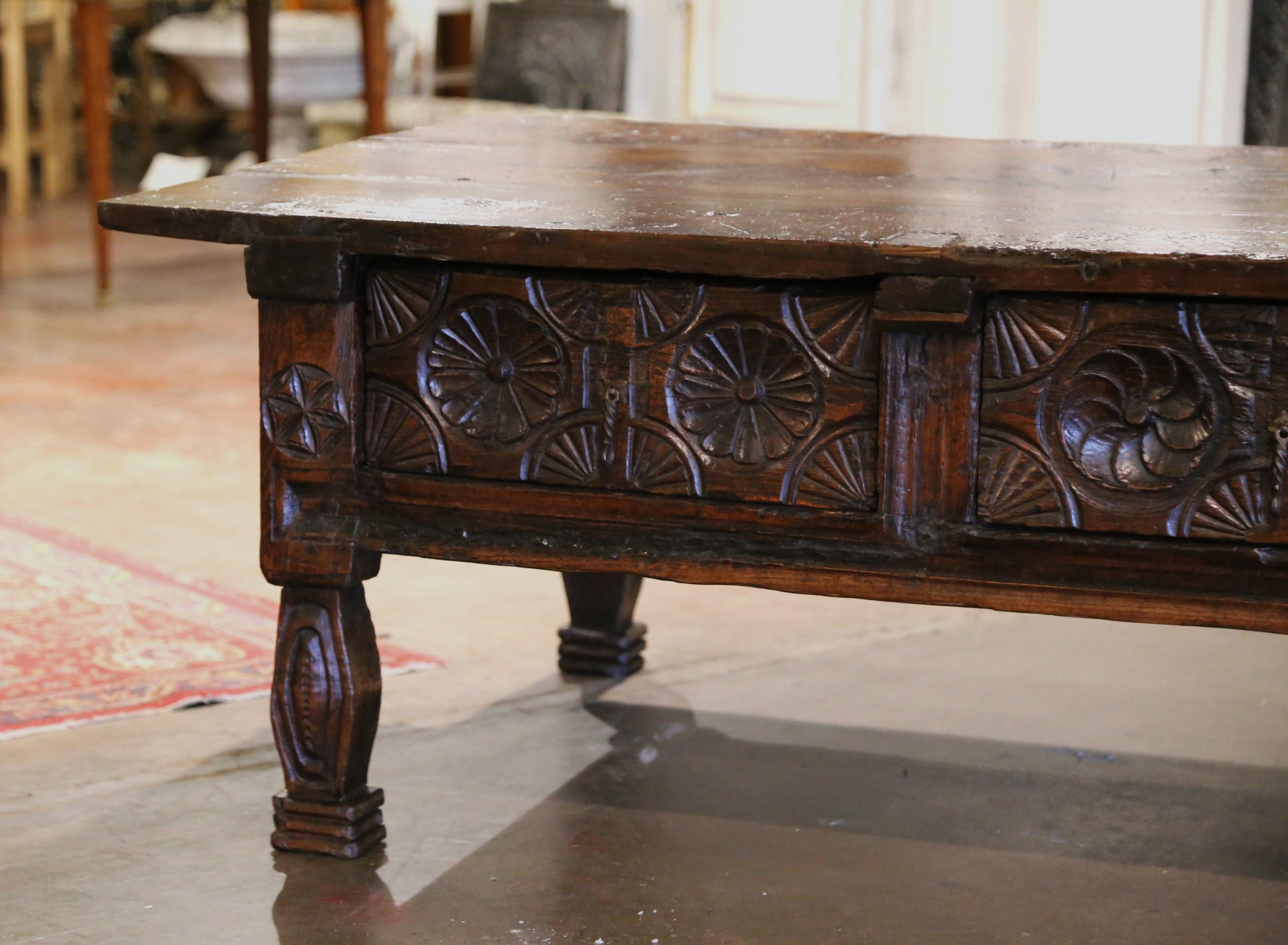 18th Century Spanish Baroque Carved Chestnut Three Drawers Cocktail Coffee Table 1