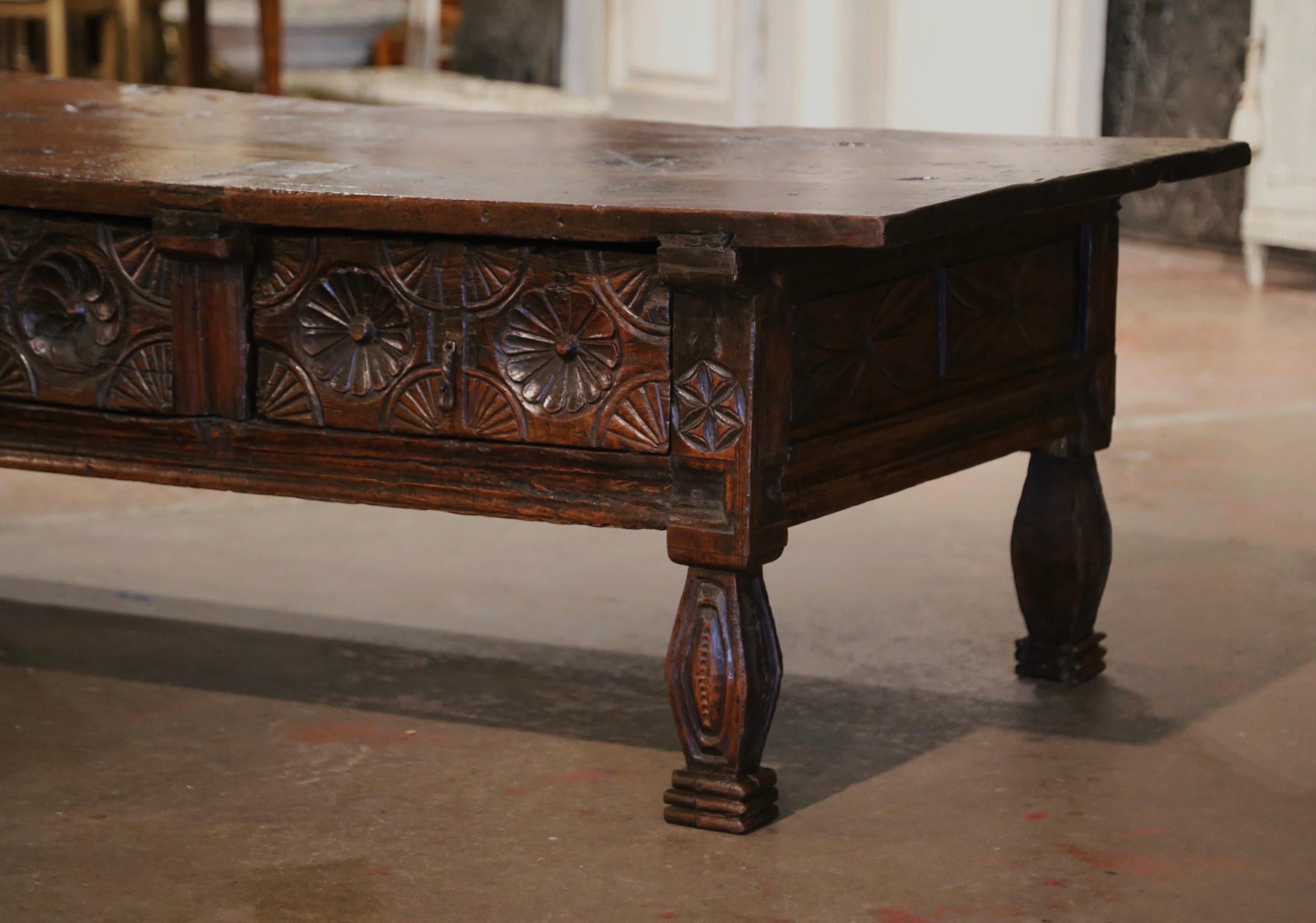 18th Century Spanish Baroque Carved Chestnut Three Drawers Cocktail Coffee Table 2