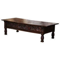 Antique 18th Century Spanish Baroque Carved Chestnut Three Drawers Cocktail Coffee Table