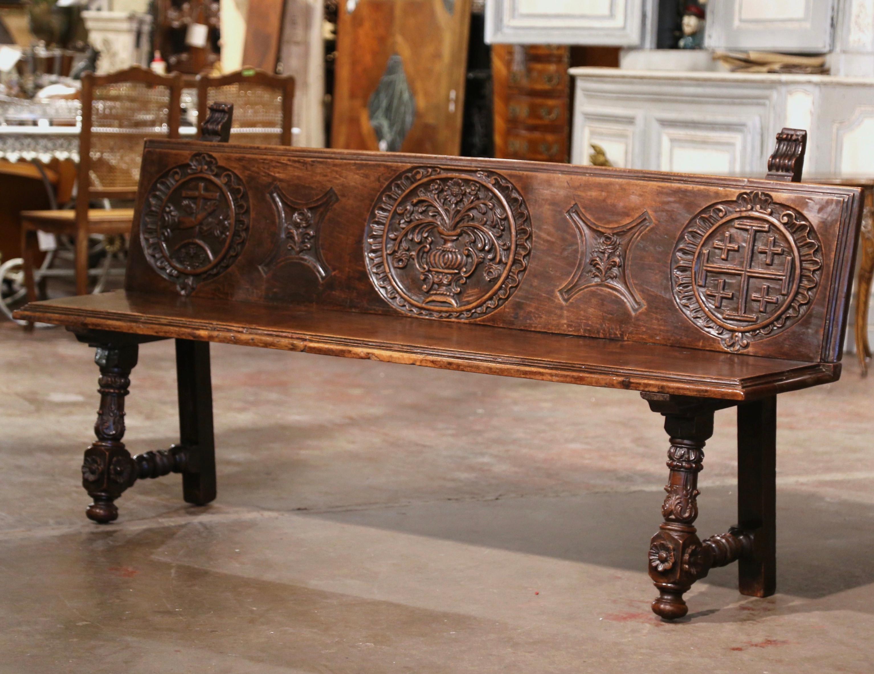 18th Century Spanish Baroque Carved Walnut Bench from The Pyrenees 2