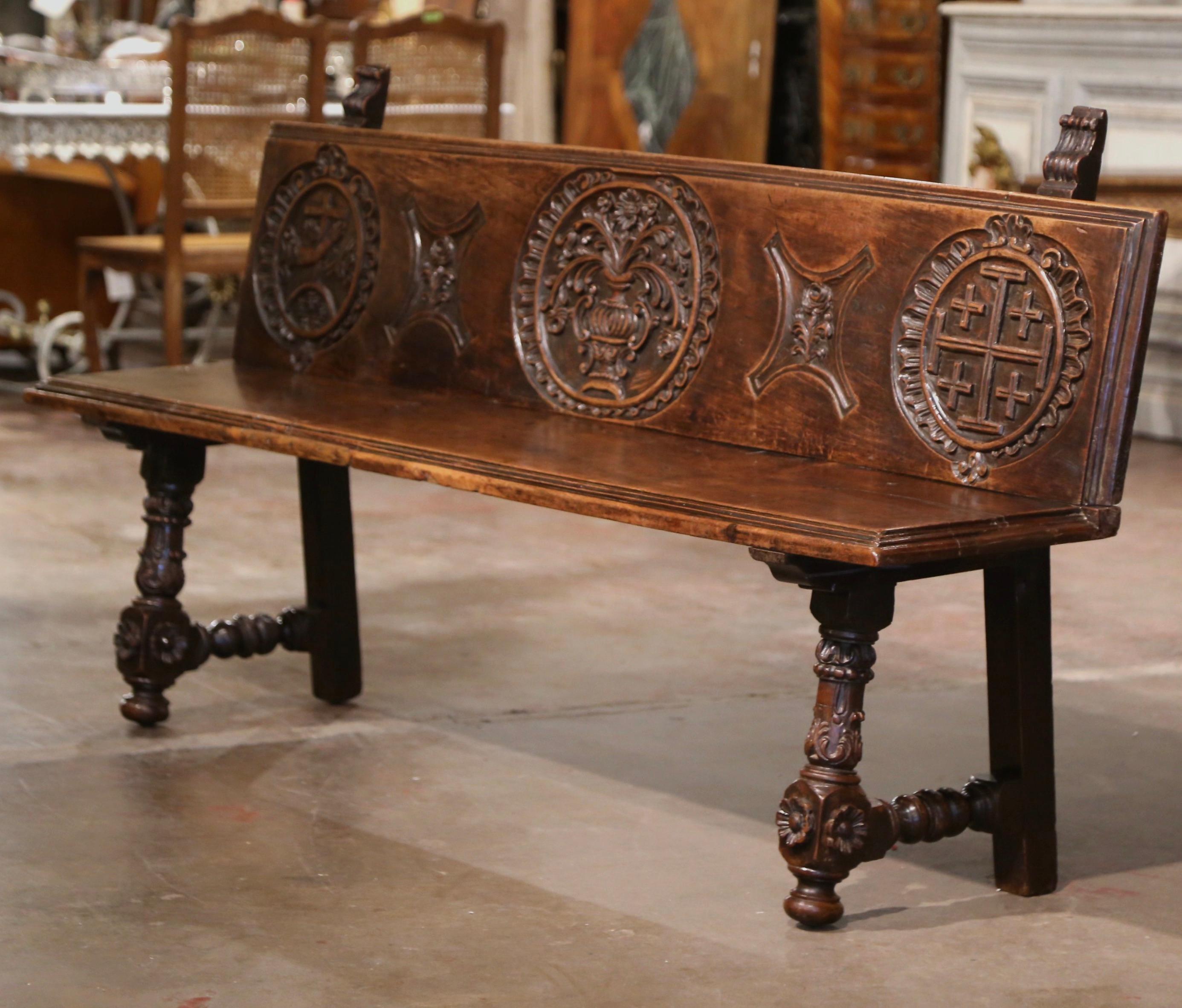 18th Century Spanish Baroque Carved Walnut Bench from The Pyrenees 3