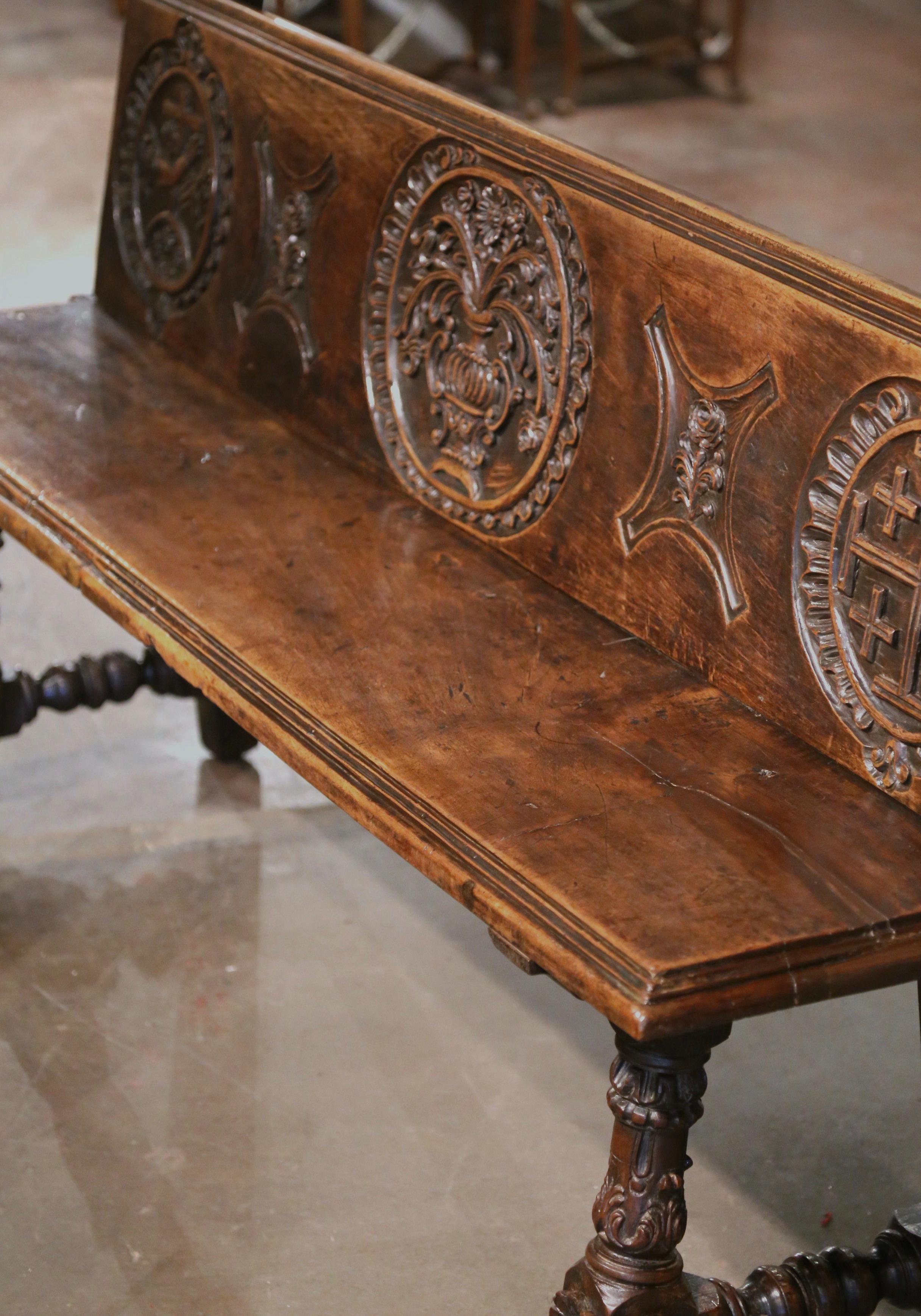 18th Century Spanish Baroque Carved Walnut Bench from The Pyrenees 4