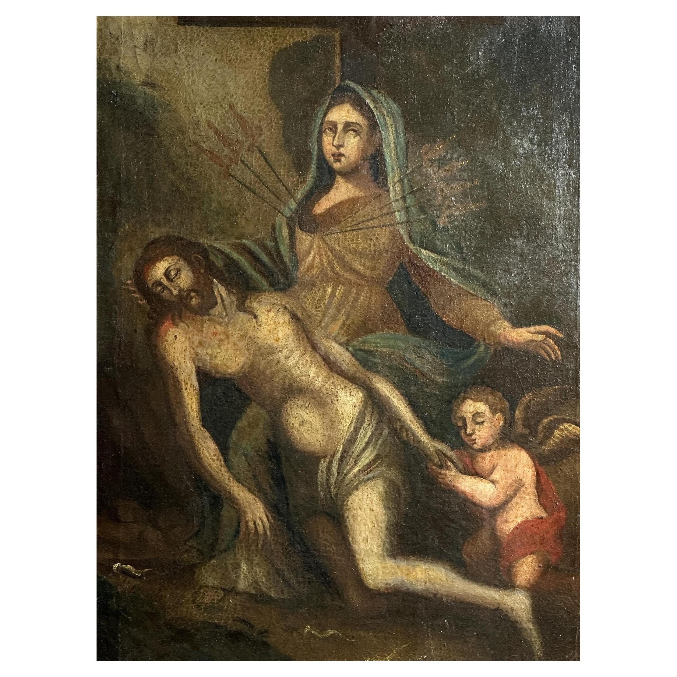 18th Century Spanish Baroque Oil Painting - Pietà with Mater Dolorosa and Angel For Sale