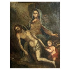 18th Century Spanish Baroque Oil Painting - Pietà with Mater Dolorosa and Angel