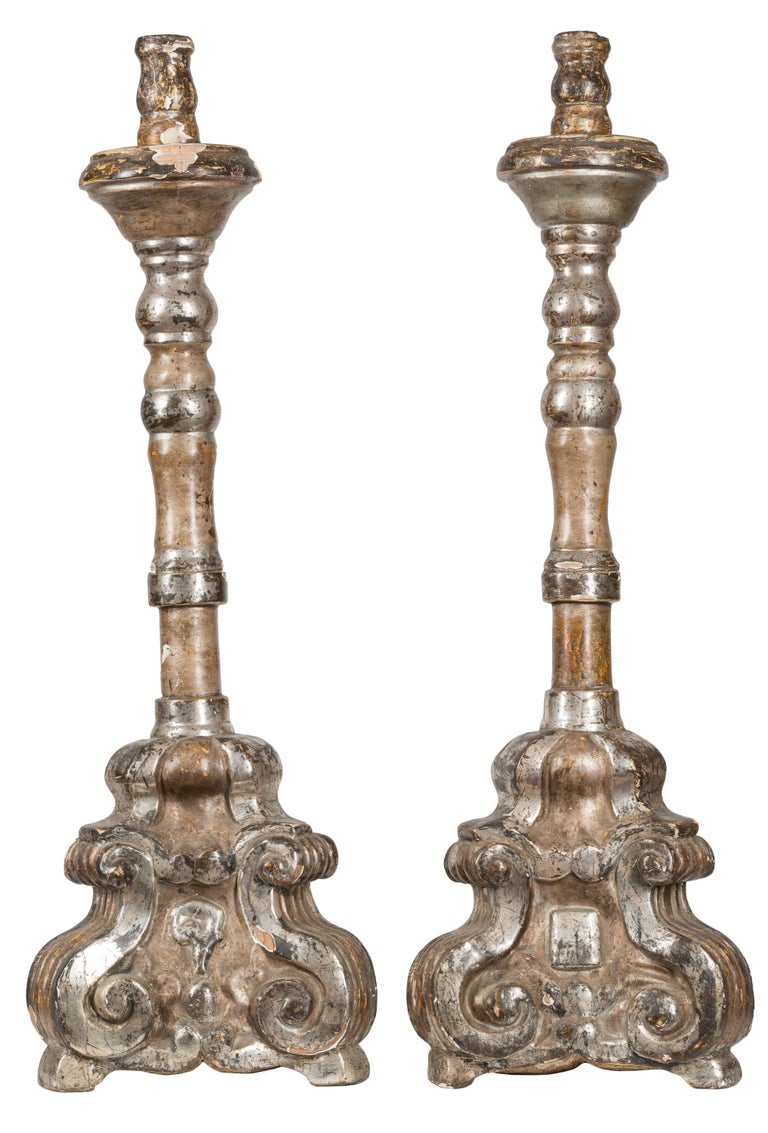 18th Century Spanish Baroque Silver Giltwood Altar Candlesticks For Sale at 1stdibs