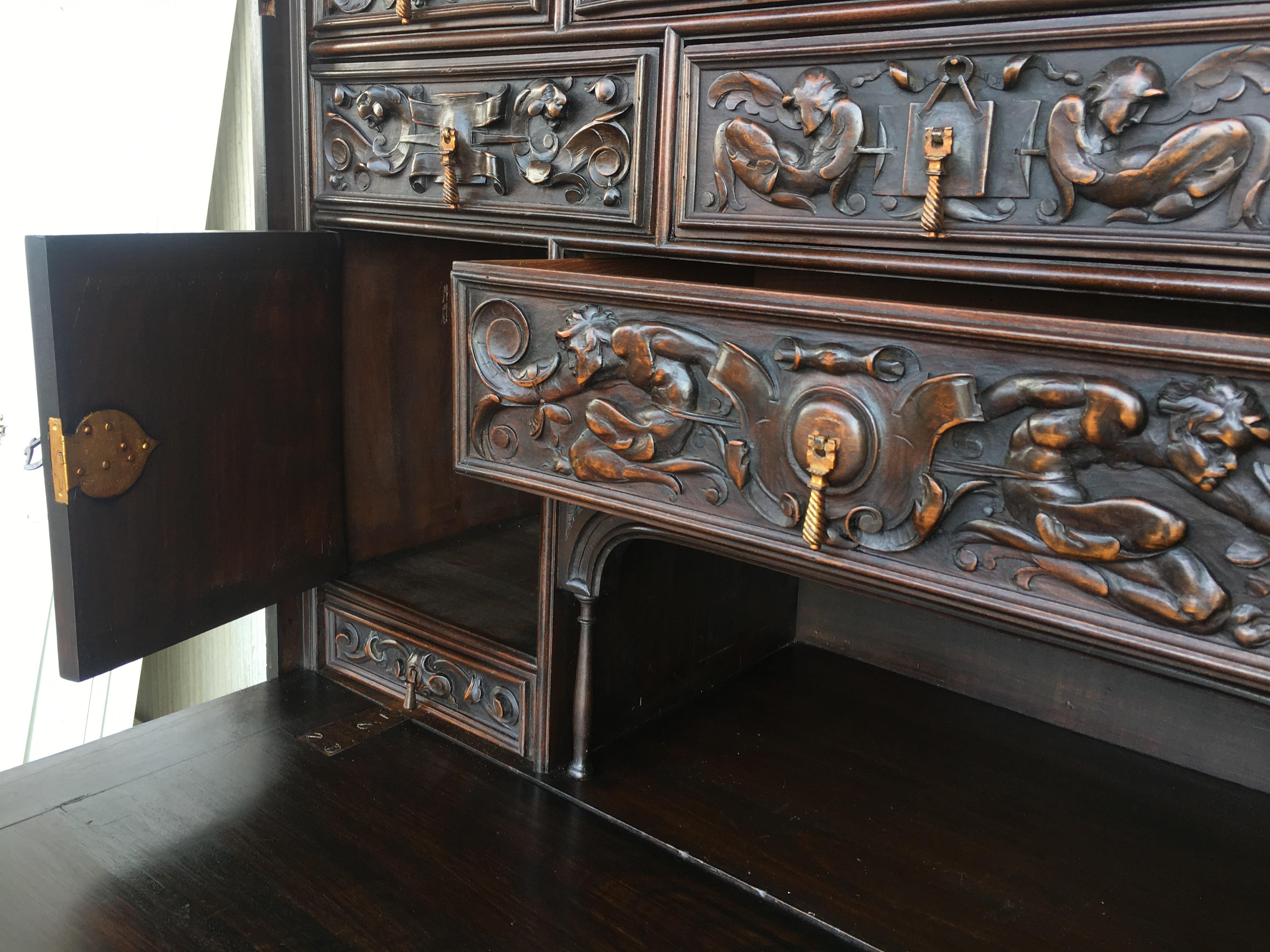 Iron 18th Century Spanish Baroque Style Cabinet on Stand, Bargueno or Varqueno