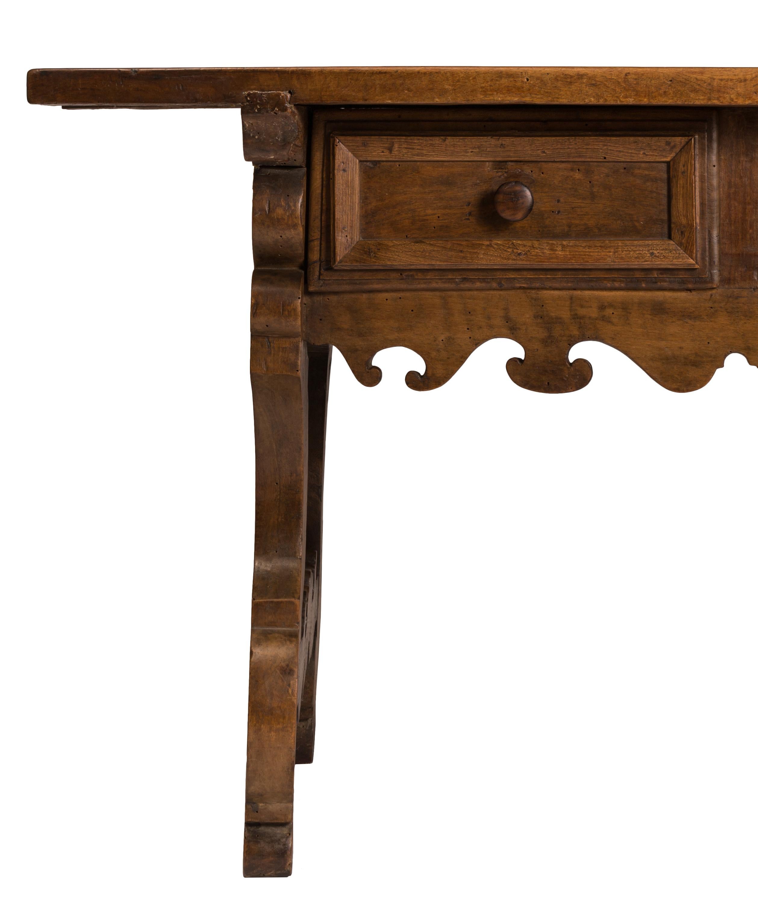 Carved 18th Century Spanish Baroque Trestle Style Writing Table Desk with Two Drawers For Sale