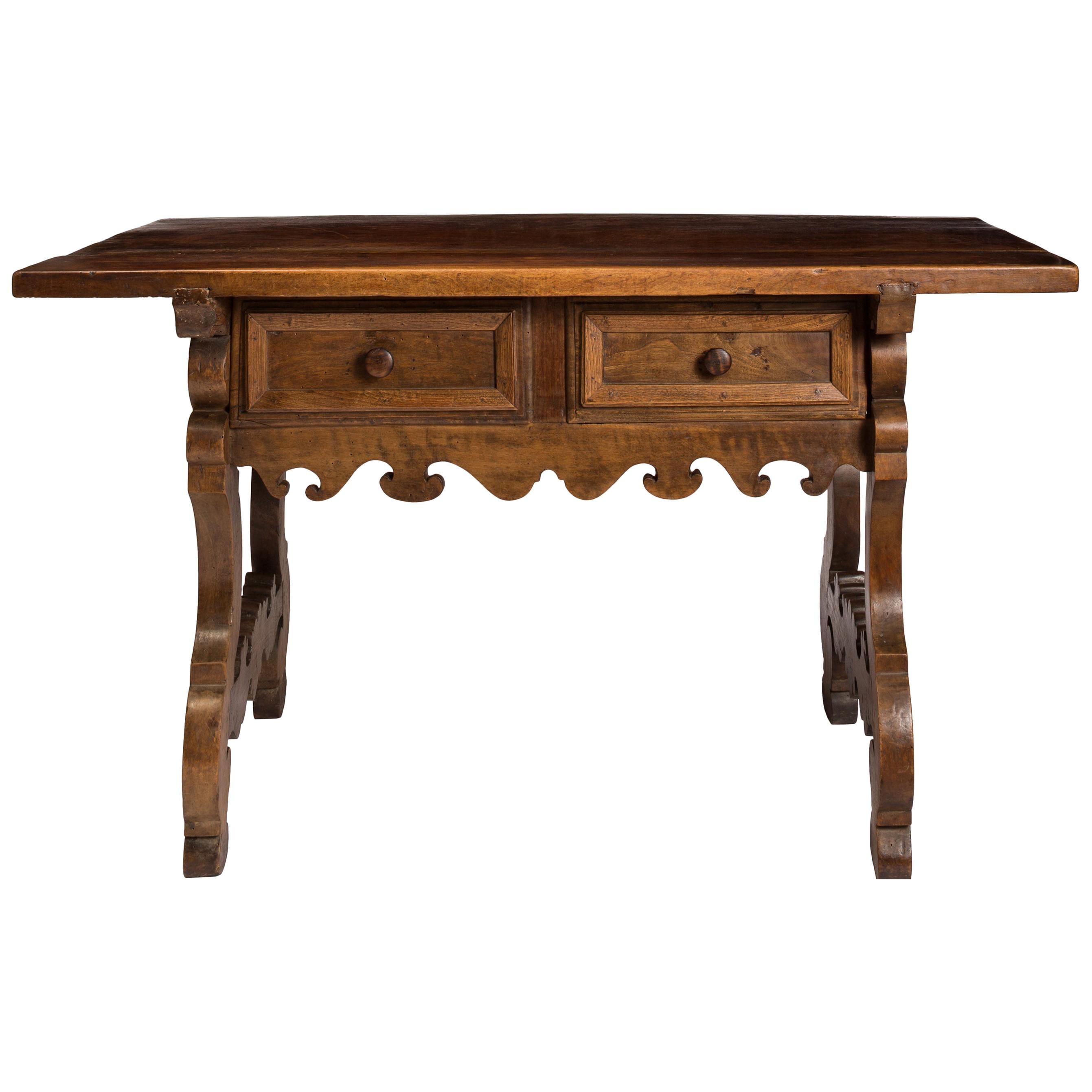 18th Century Spanish Baroque Trestle Style Writing Table Desk with Two Drawers