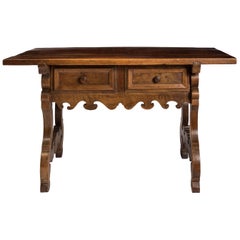 18th Century Spanish Baroque Trestle Style Writing Table Desk with Two Drawers