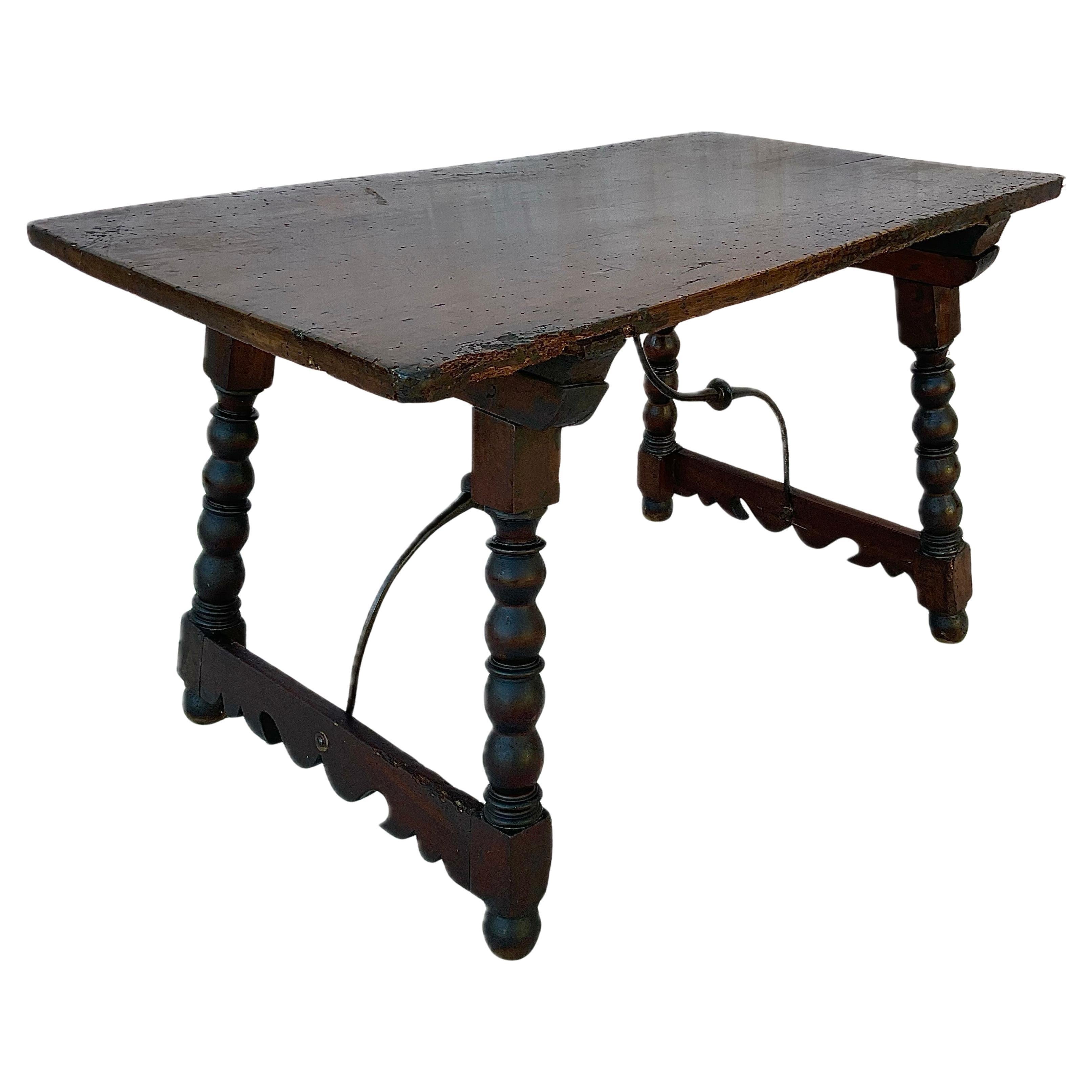 18th Century Spanish Baroque Trestle Table in Solid Walnut & Iron