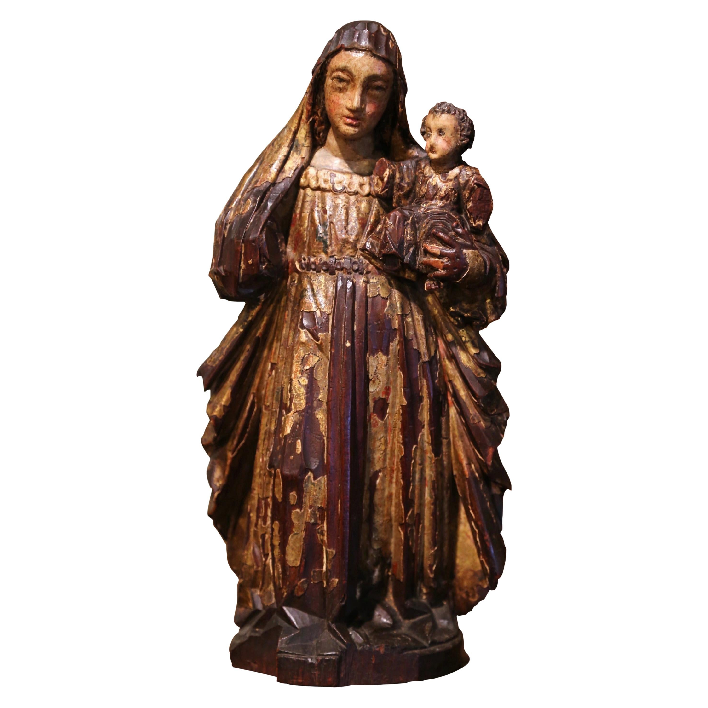 18th Century Spanish Carved Giltwood and Polychrome Statue of Madonna and Child