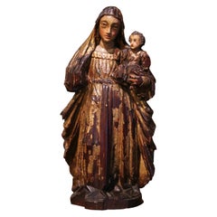 18th Century Spanish Carved Giltwood and Polychrome Statue of Madonna and Child