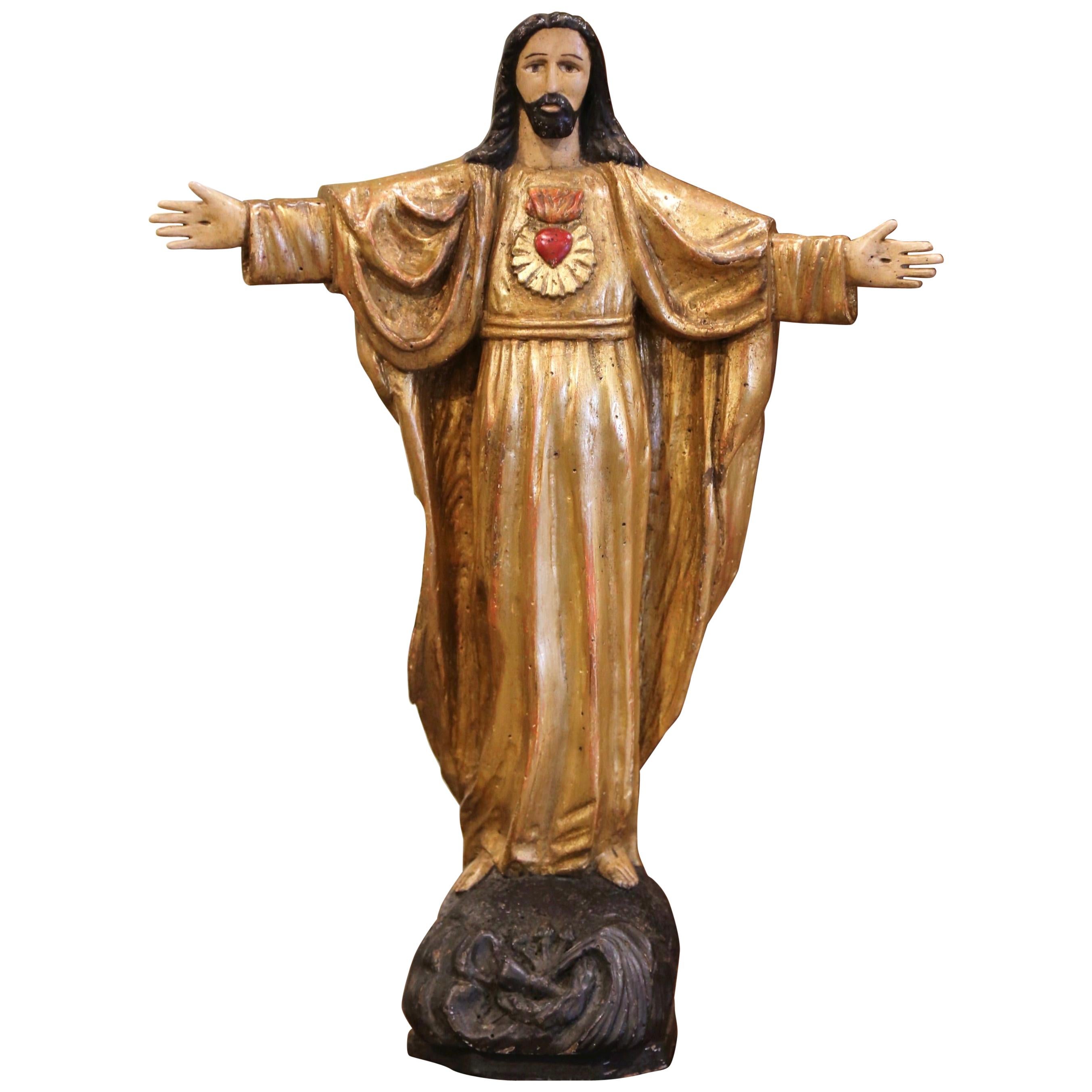 18th Century Spanish Carved Polychrome Gilt Statue of Christ with "Sacred Heart"