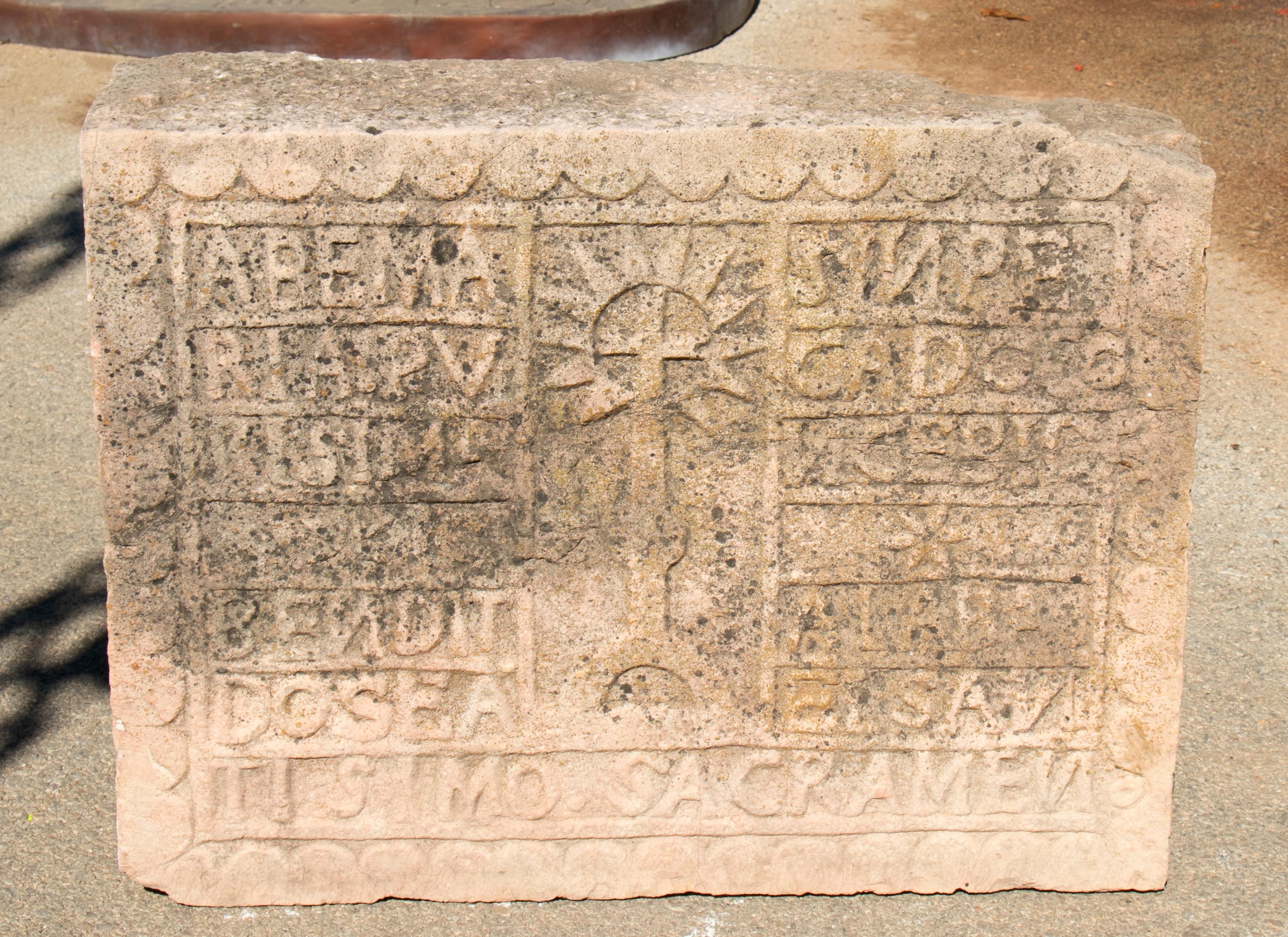 18thy century Spanish carved stone relief with date and religious inscriptions.