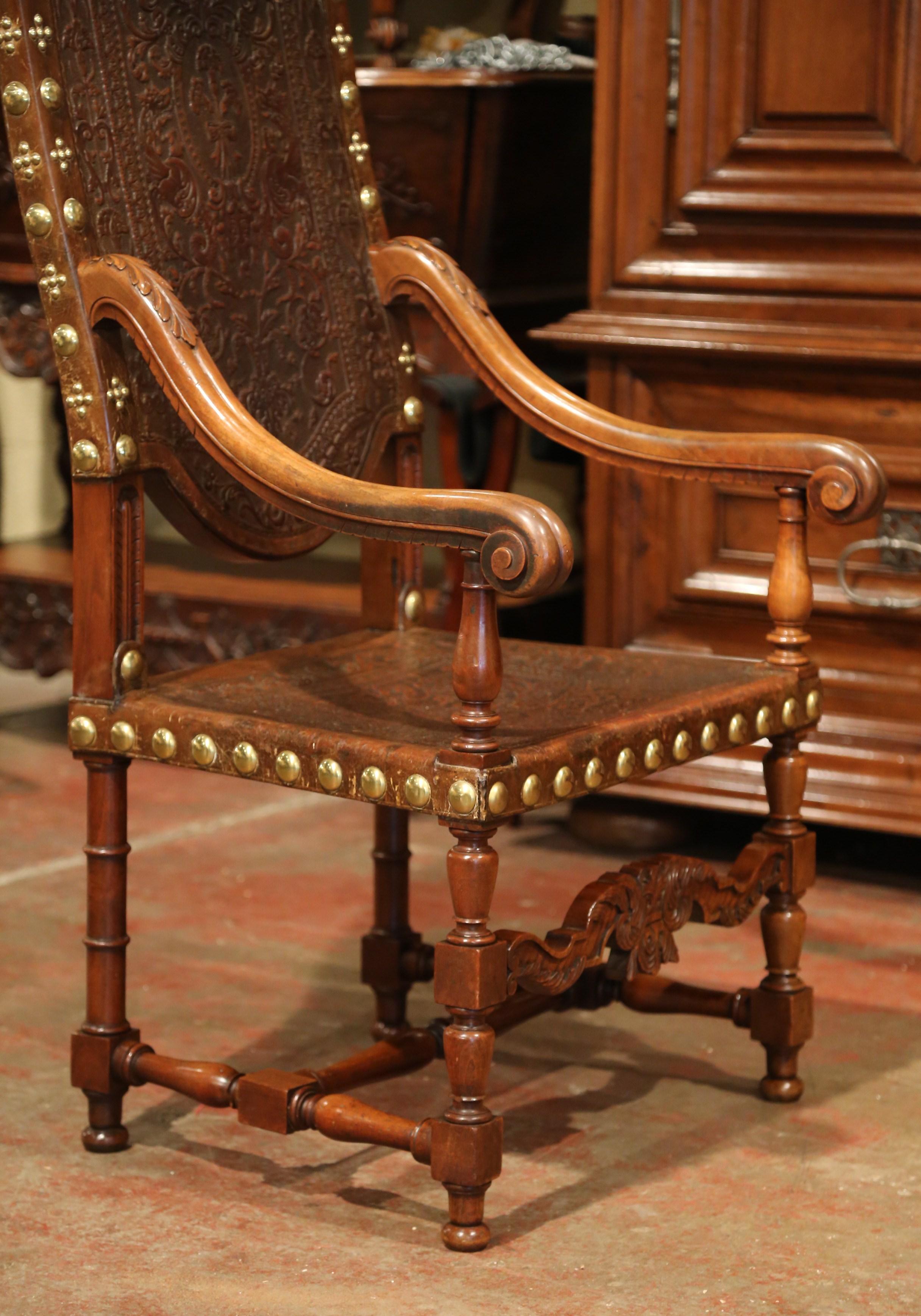 18th Century Spanish Carved Walnut Armchair with Embossed Leather and Finials 3