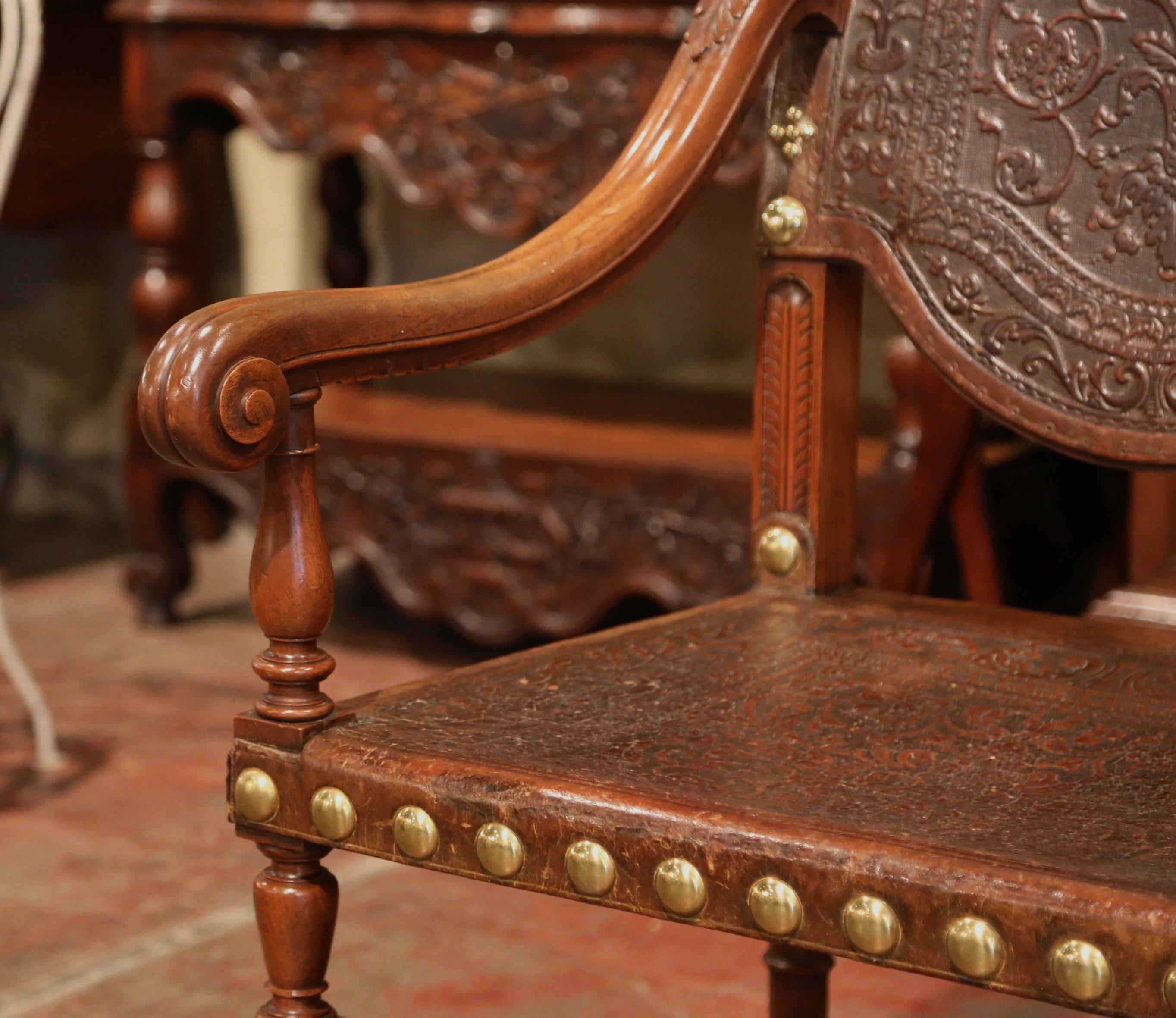 18th Century Spanish Carved Walnut Armchair with Embossed Leather and Finials 4