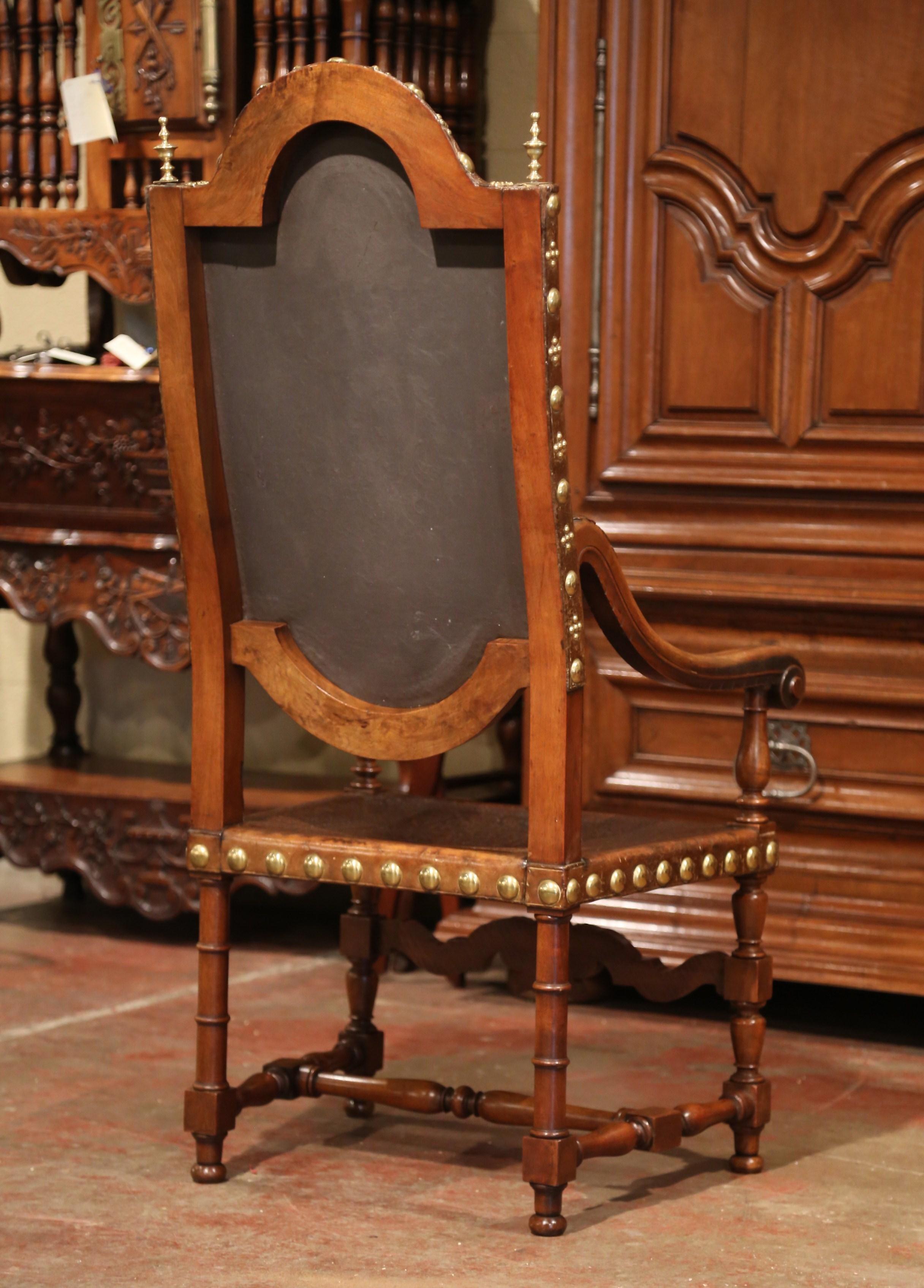 18th Century Spanish Carved Walnut Armchair with Embossed Leather and Finials 5