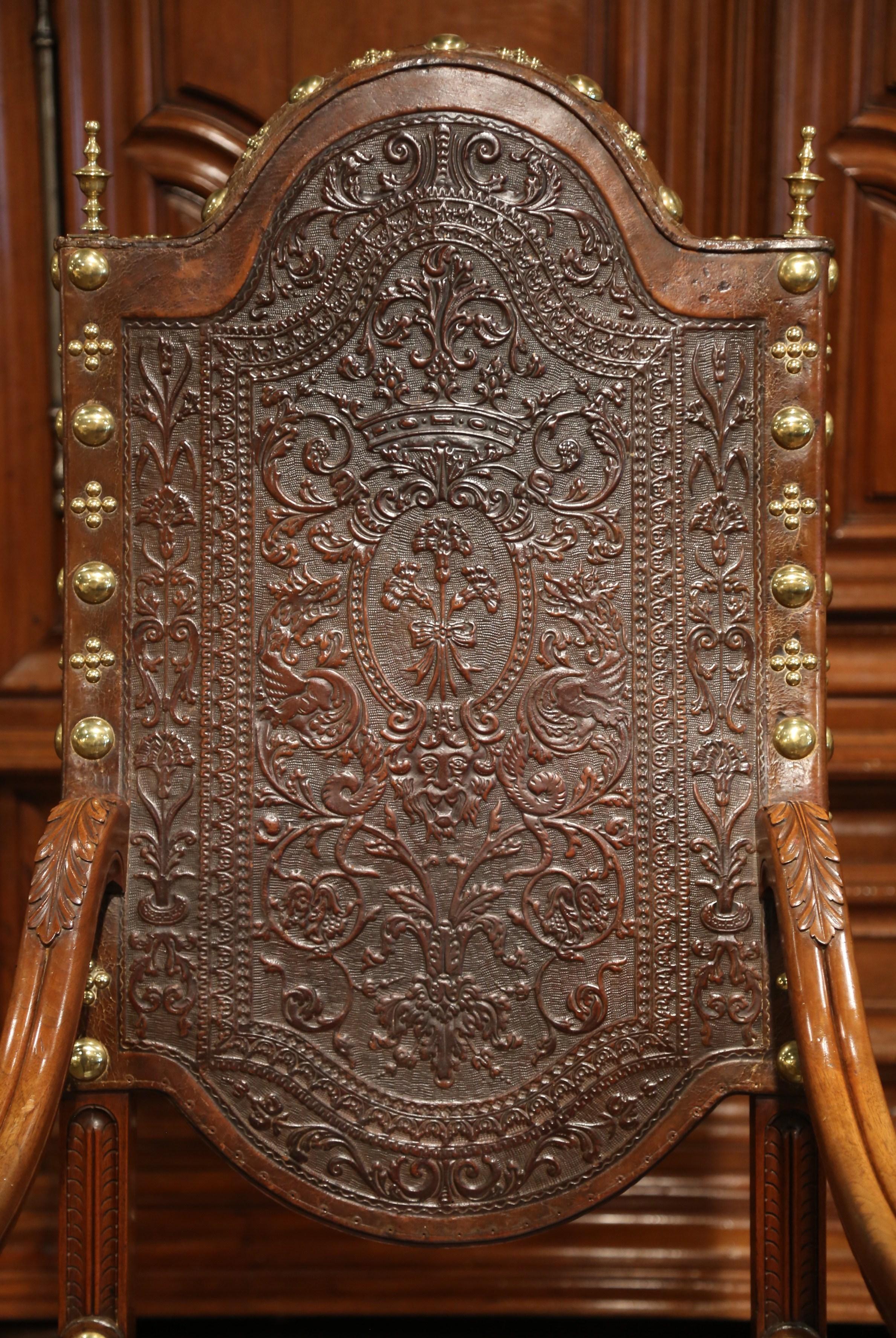 Gothic 18th Century Spanish Carved Walnut Armchair with Embossed Leather and Finials