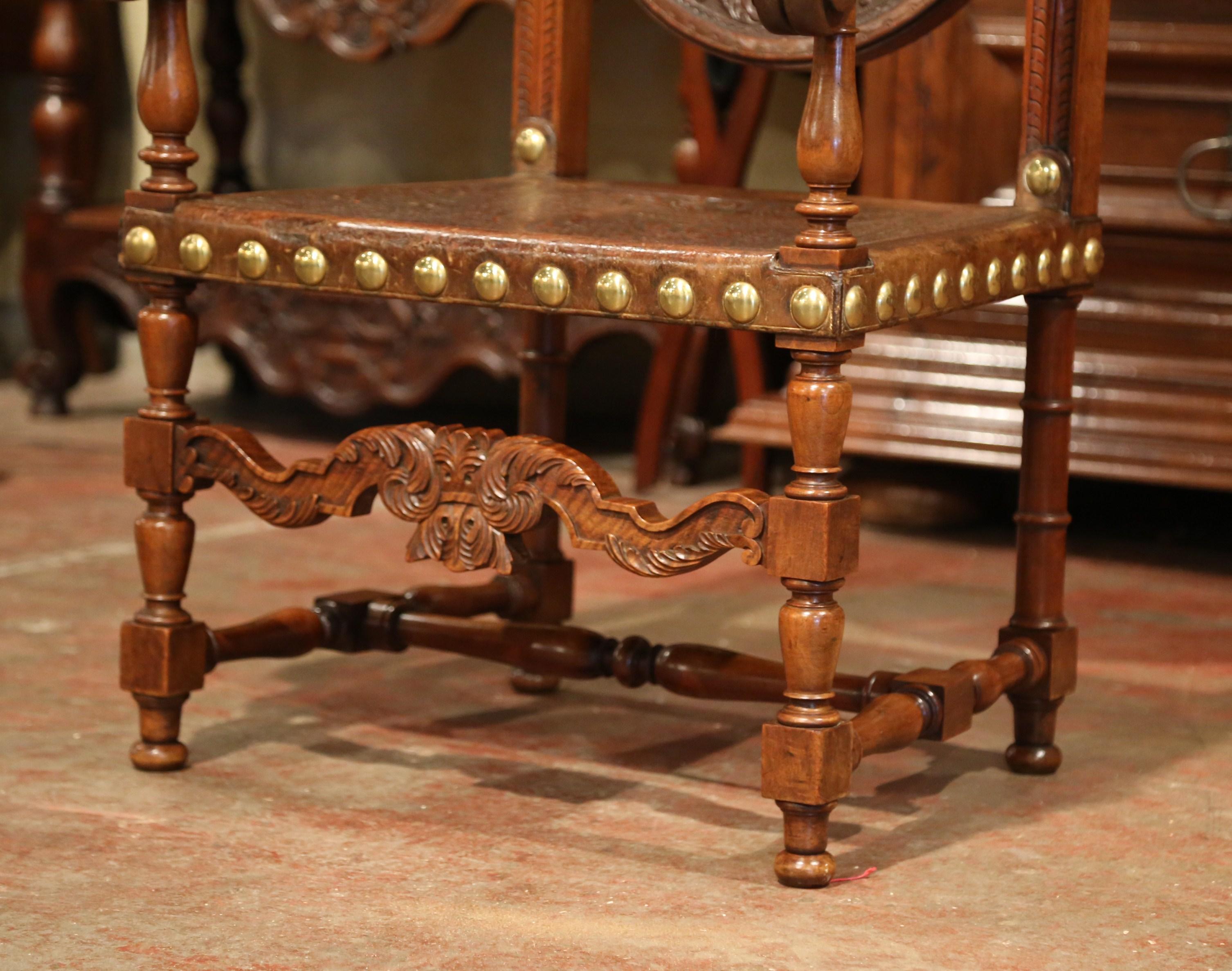 Hand-Carved 18th Century Spanish Carved Walnut Armchair with Embossed Leather and Finials