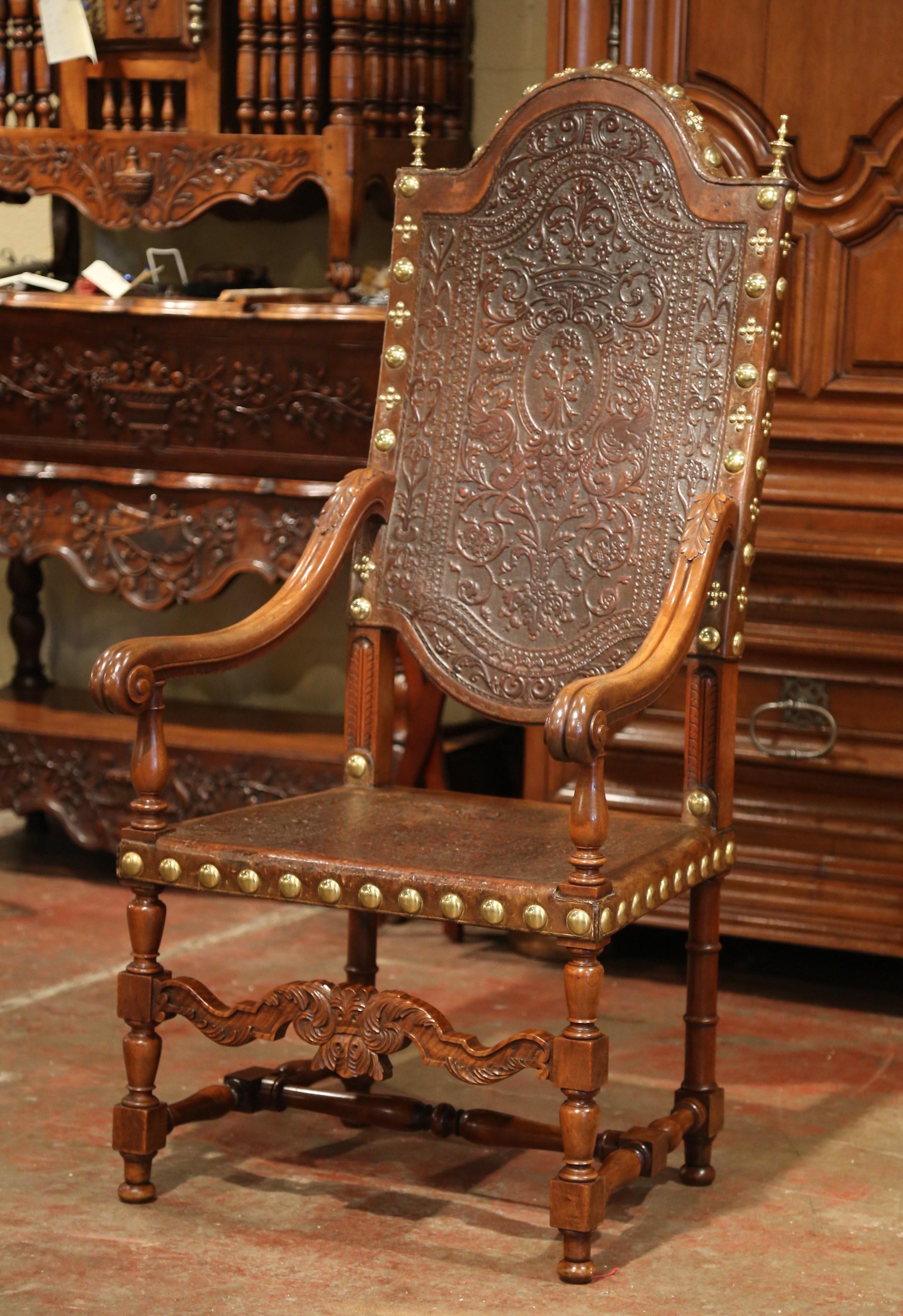18th Century Spanish Carved Walnut Armchair with Embossed Leather and Finials In Excellent Condition In Dallas, TX
