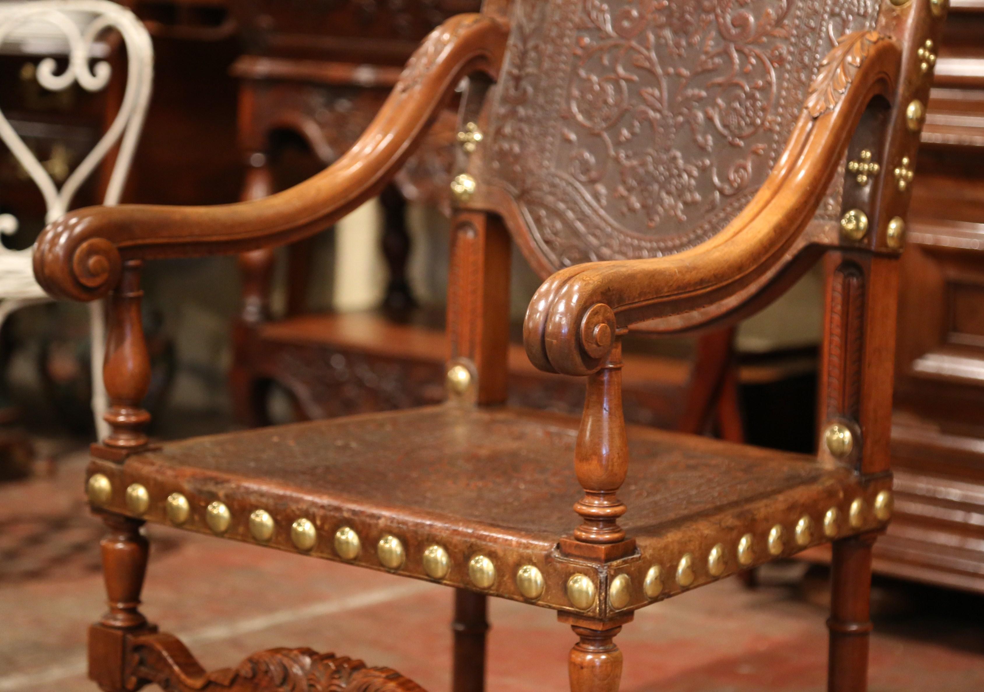 Brass 18th Century Spanish Carved Walnut Armchair with Embossed Leather and Finials