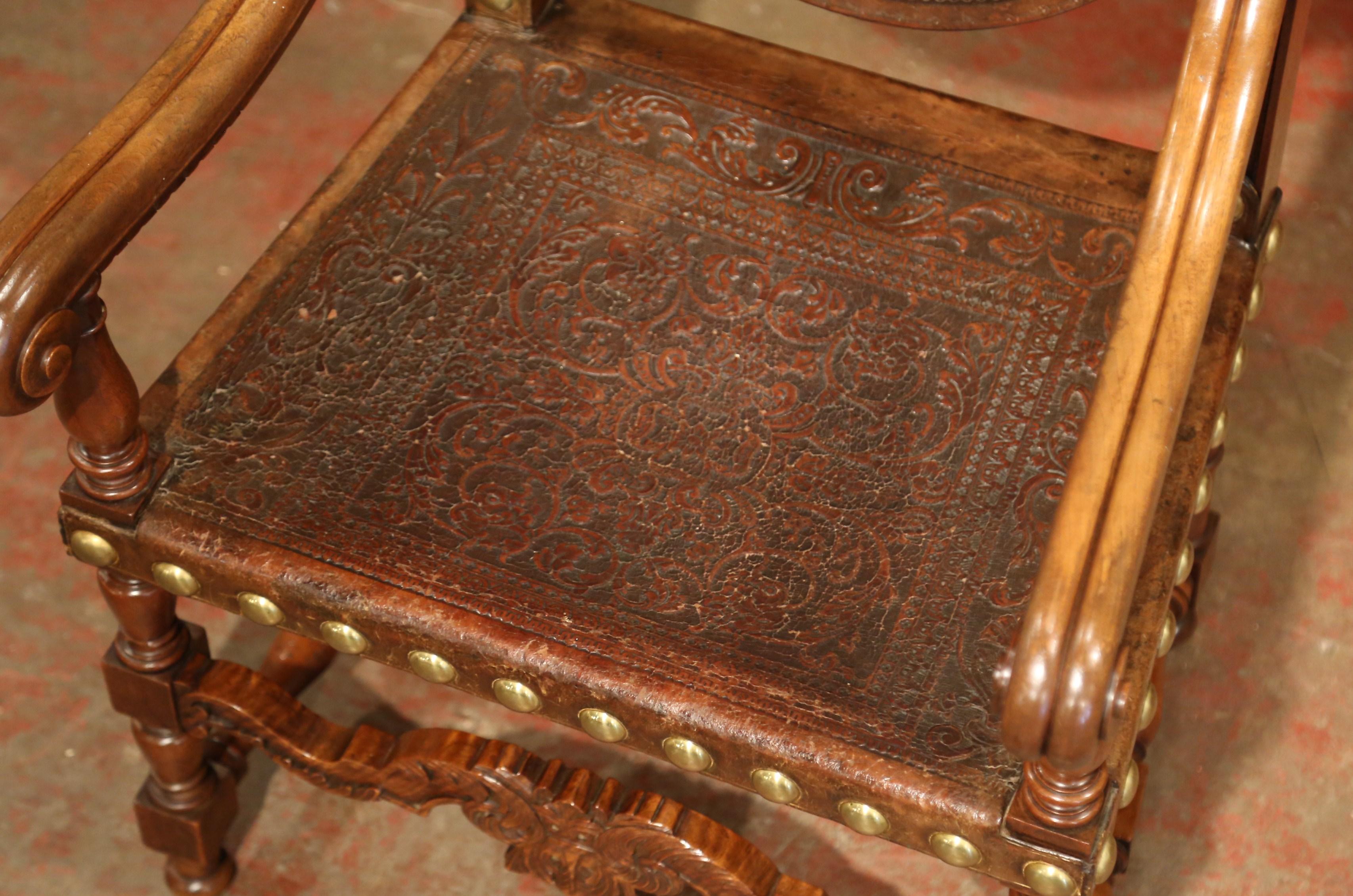 18th Century Spanish Carved Walnut Armchair with Embossed Leather and Finials 1