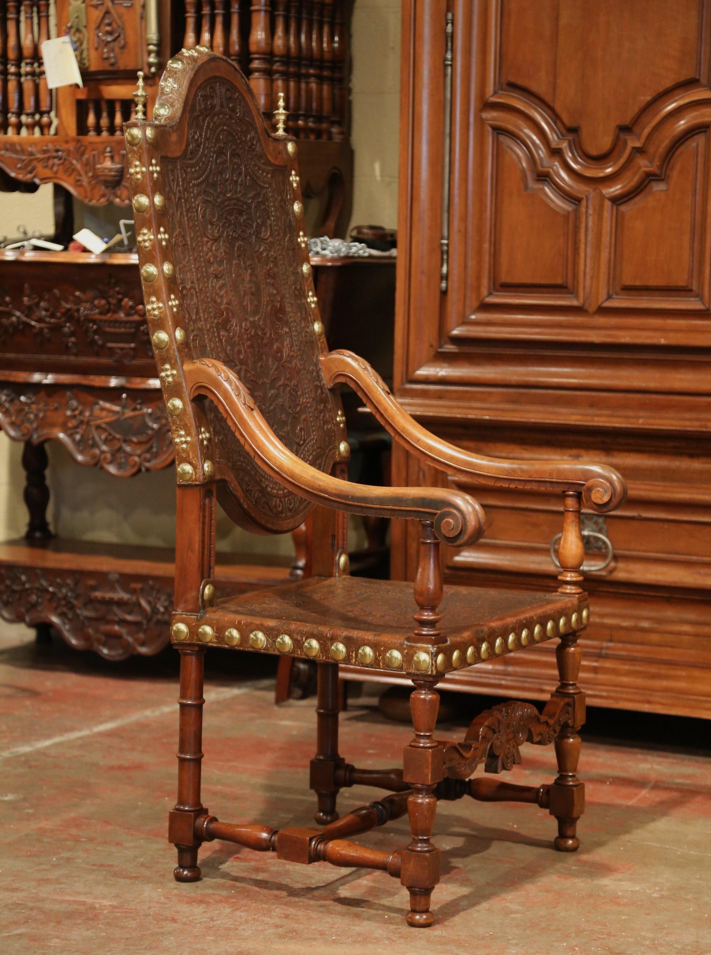 18th Century Spanish Carved Walnut Armchair with Embossed Leather and Finials 2