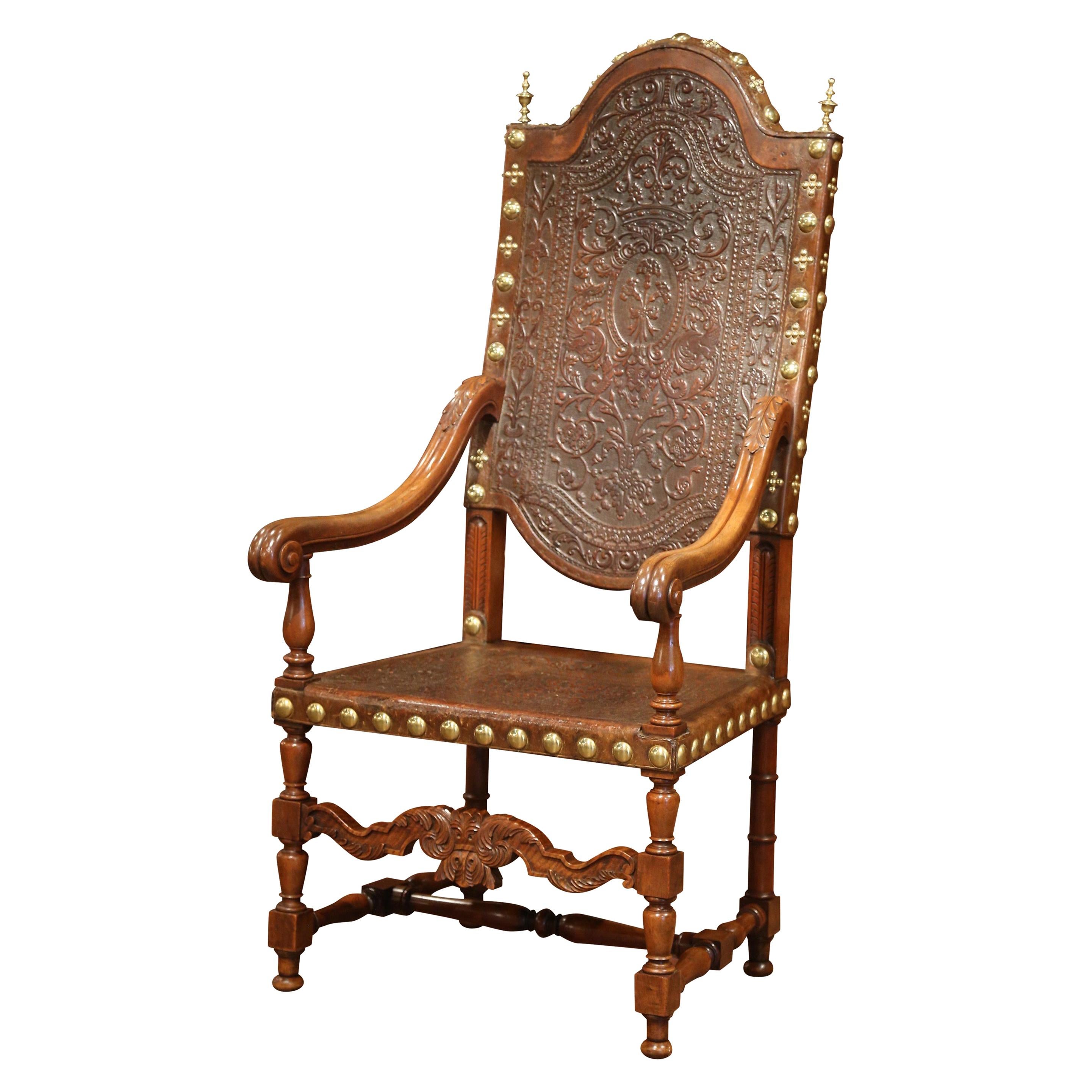 18th Century Spanish Carved Walnut Armchair with Embossed Leather and Finials
