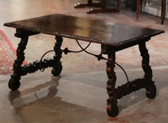 18th Century Spanish Baroque Walnut Trestle Coffee Table with Iron Stretcher
