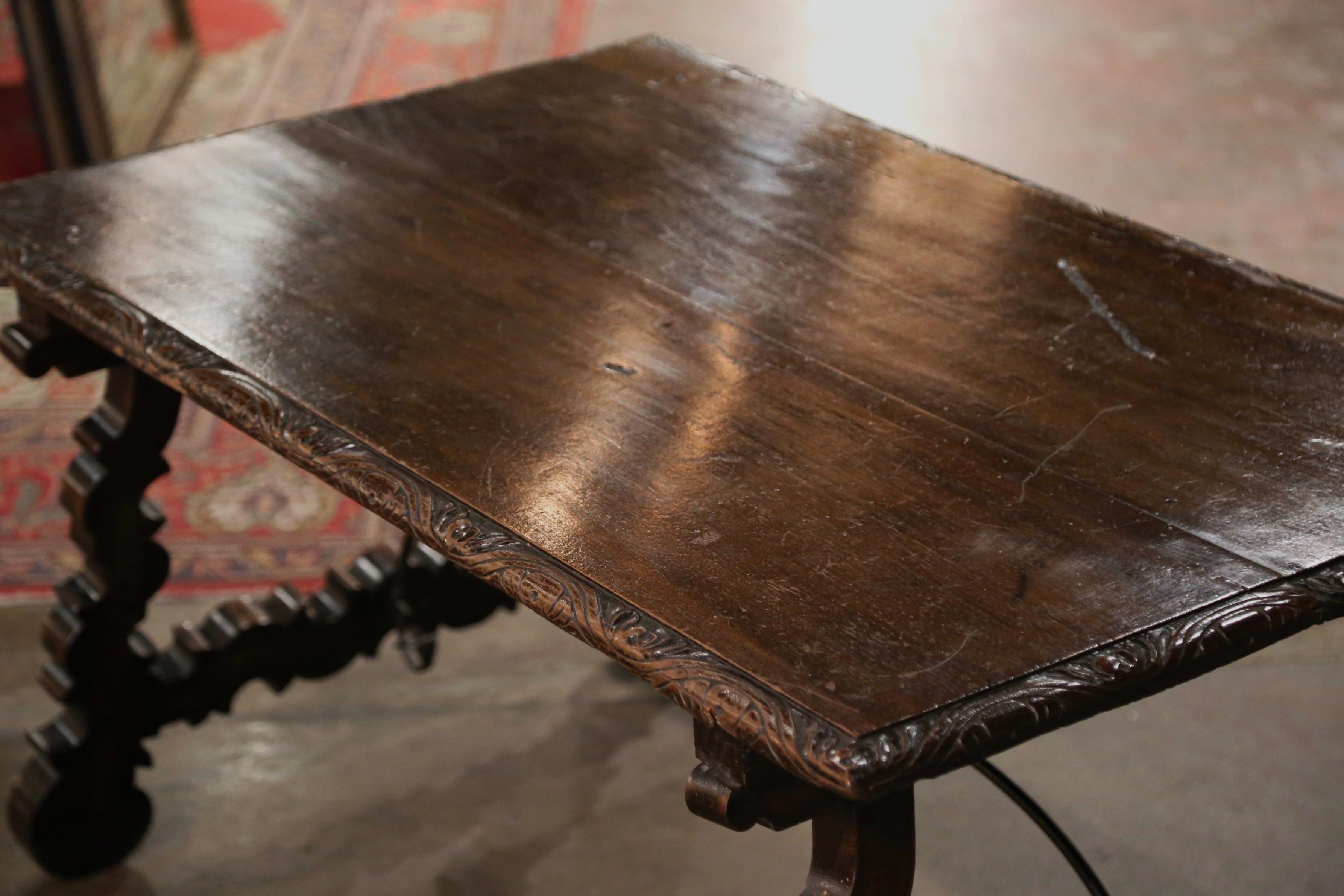 Louis XIII 18th Century Spanish Carved Walnut Coffee Table with Iron Stretcher For Sale