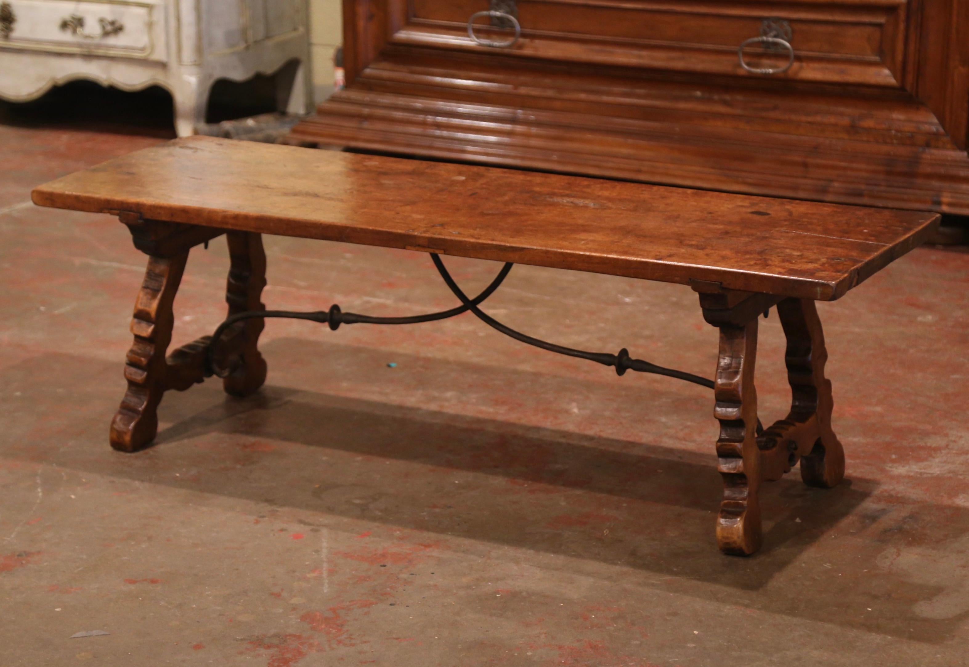Patinated 18th Century Spanish Carved Walnut Coffee Table with Iron Stretcher