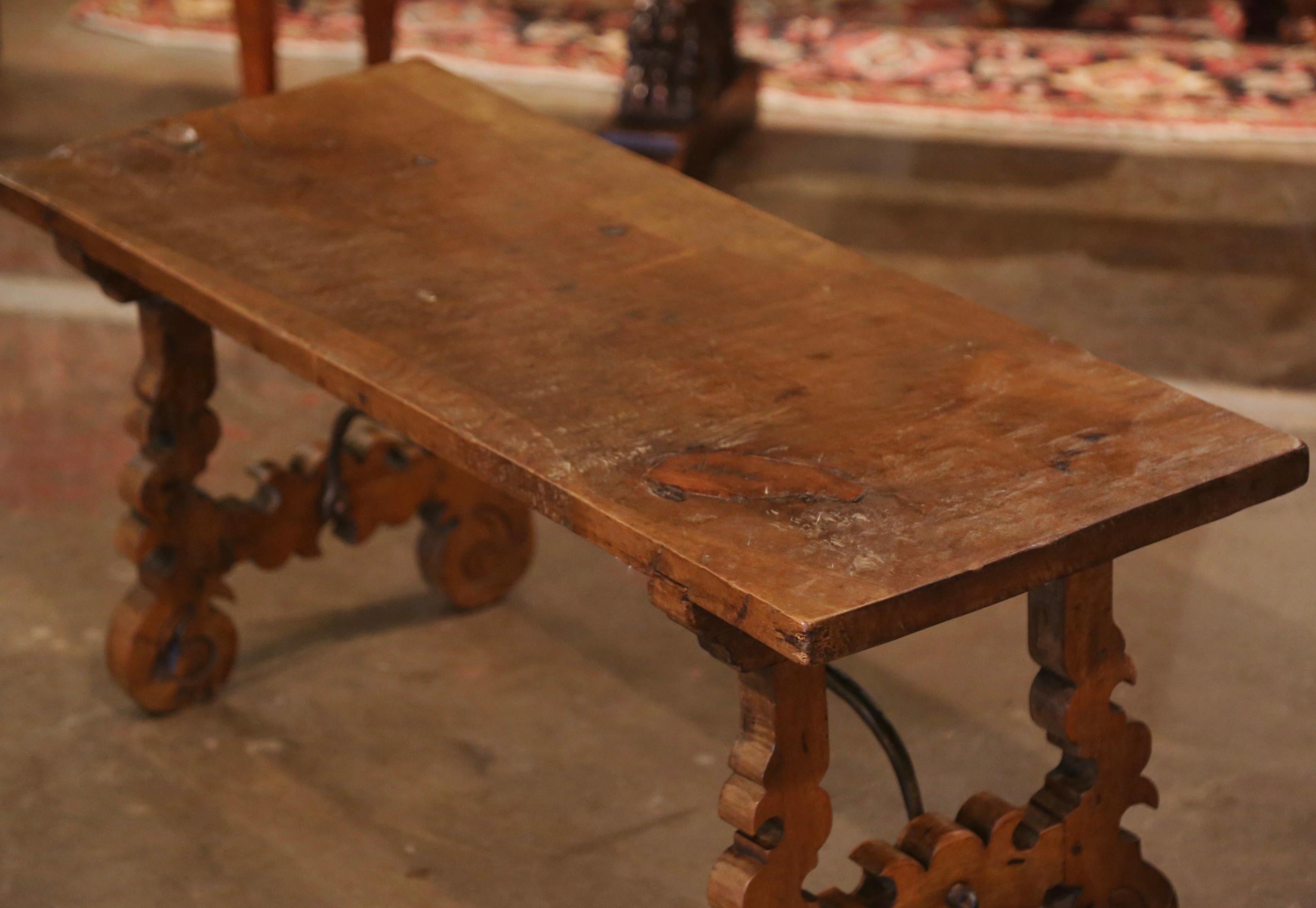 Hand-Carved 18th Century, Spanish Carved Walnut Coffee Table with Iron Stretcher