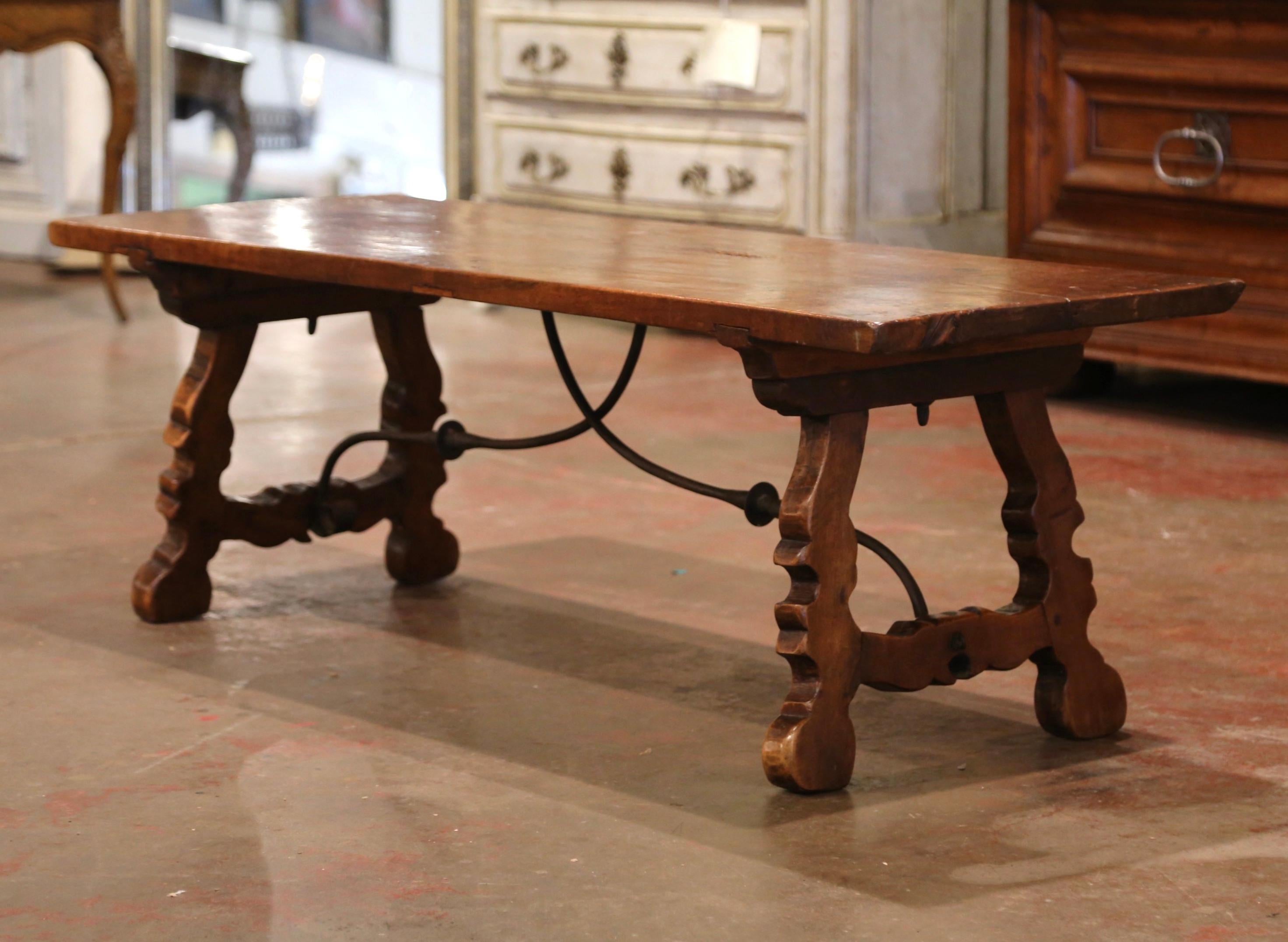 18th Century Spanish Carved Walnut Coffee Table with Iron Stretcher In Excellent Condition In Dallas, TX