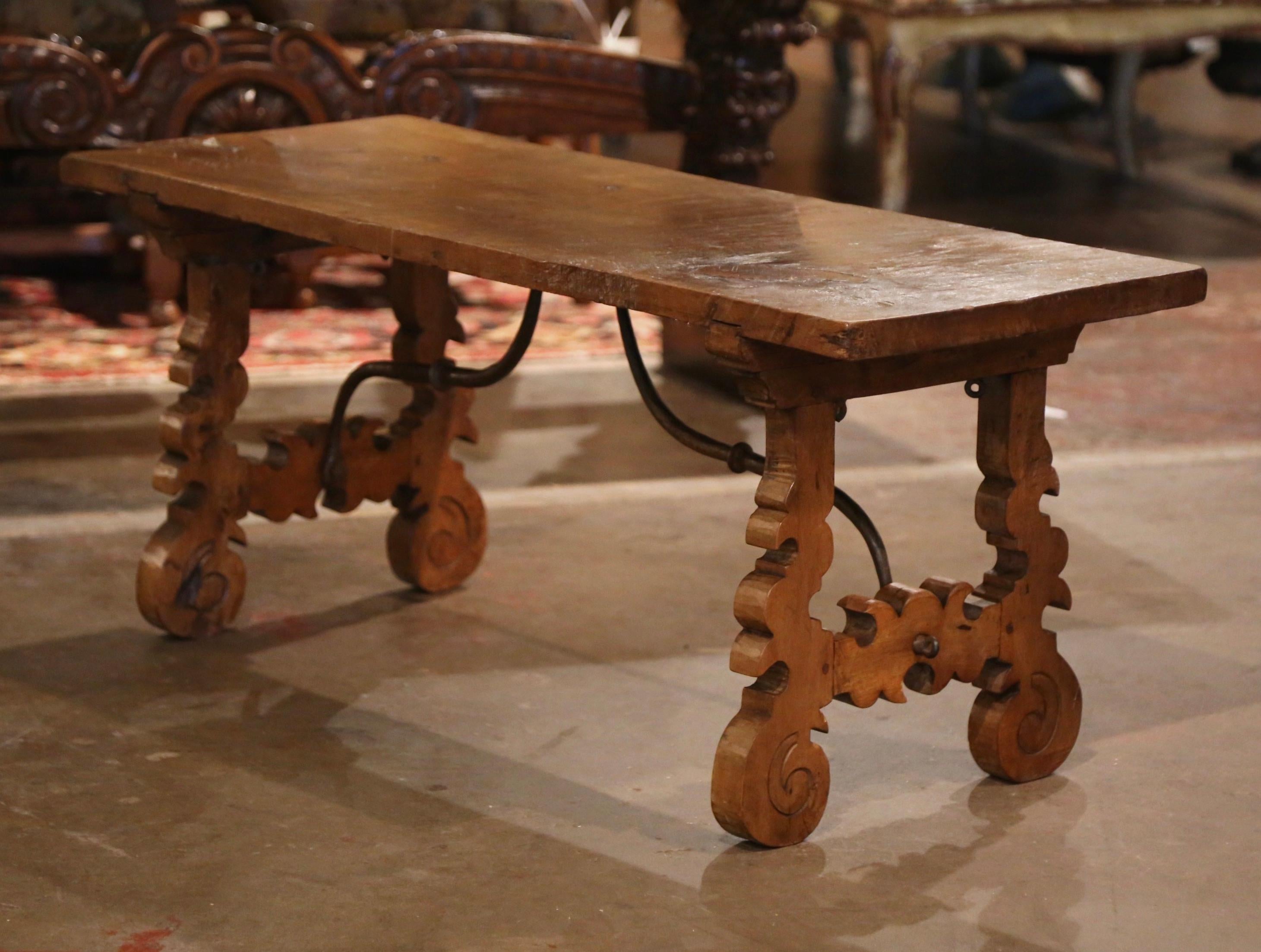 18th Century, Spanish Carved Walnut Coffee Table with Iron Stretcher In Excellent Condition In Dallas, TX