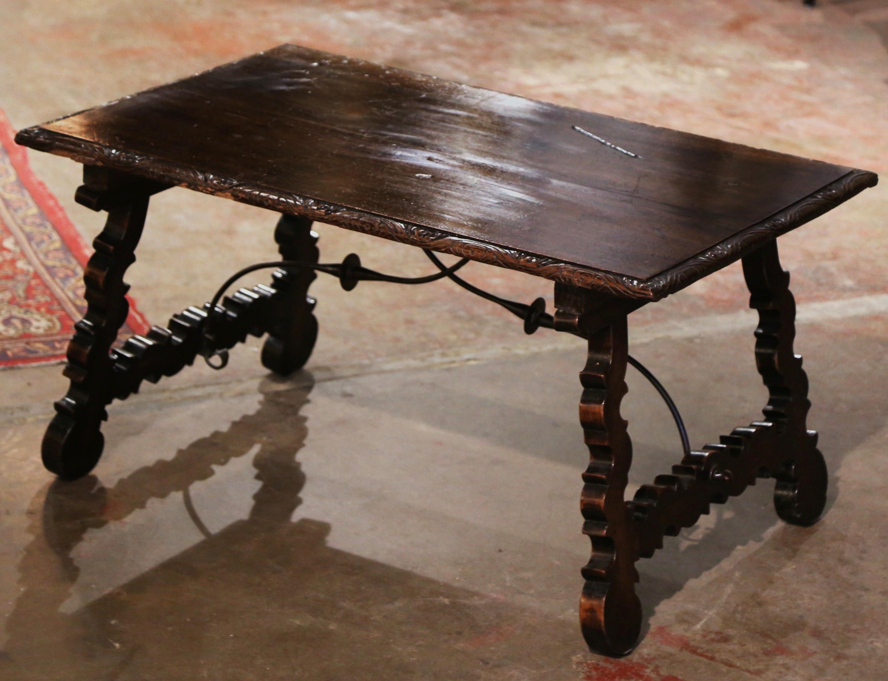 18th Century Spanish Carved Walnut Coffee Table with Iron Stretcher In Excellent Condition For Sale In Dallas, TX
